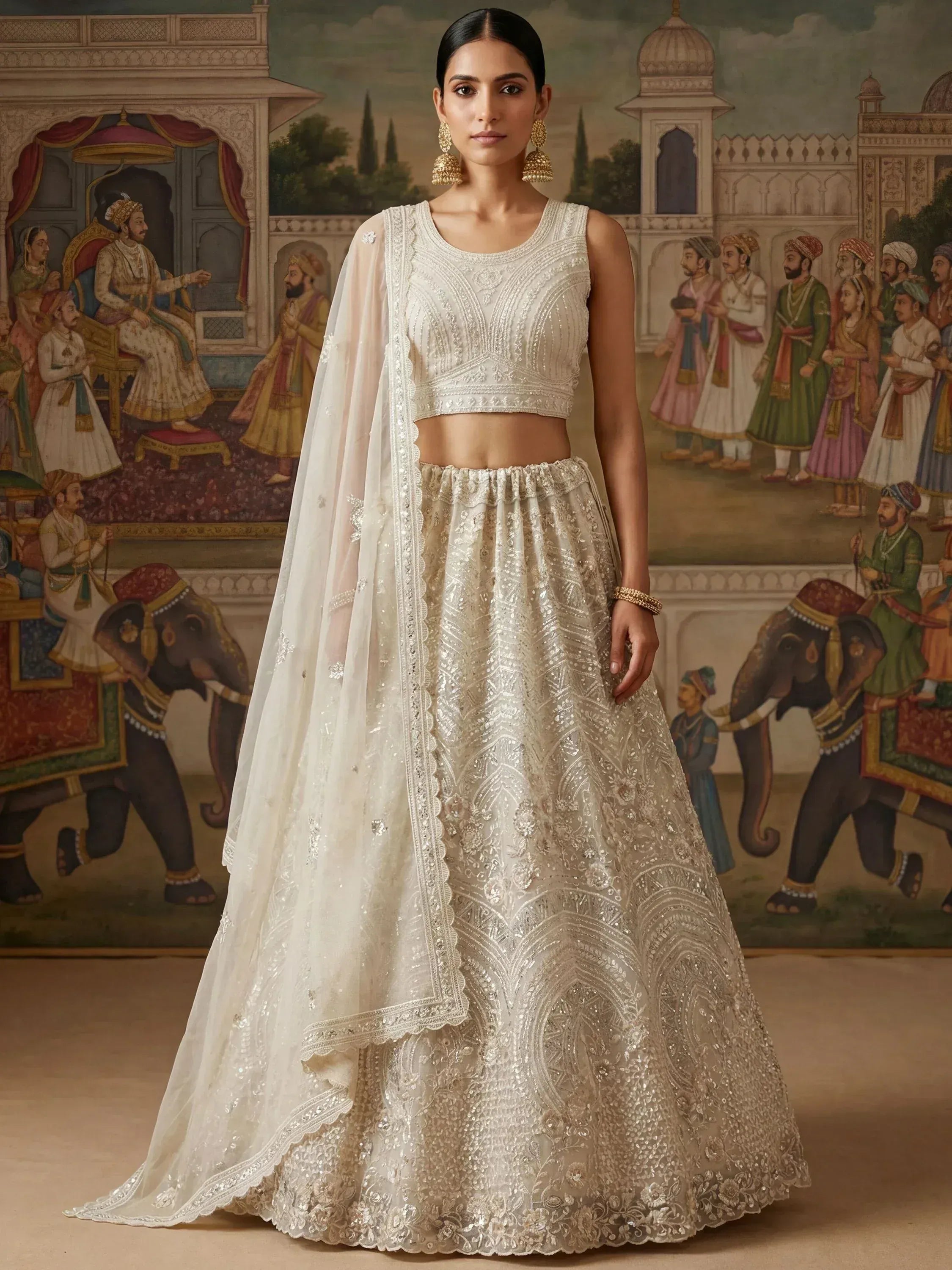 Stunning White Embroidered Net Sangeet Wear Lehenga Choli