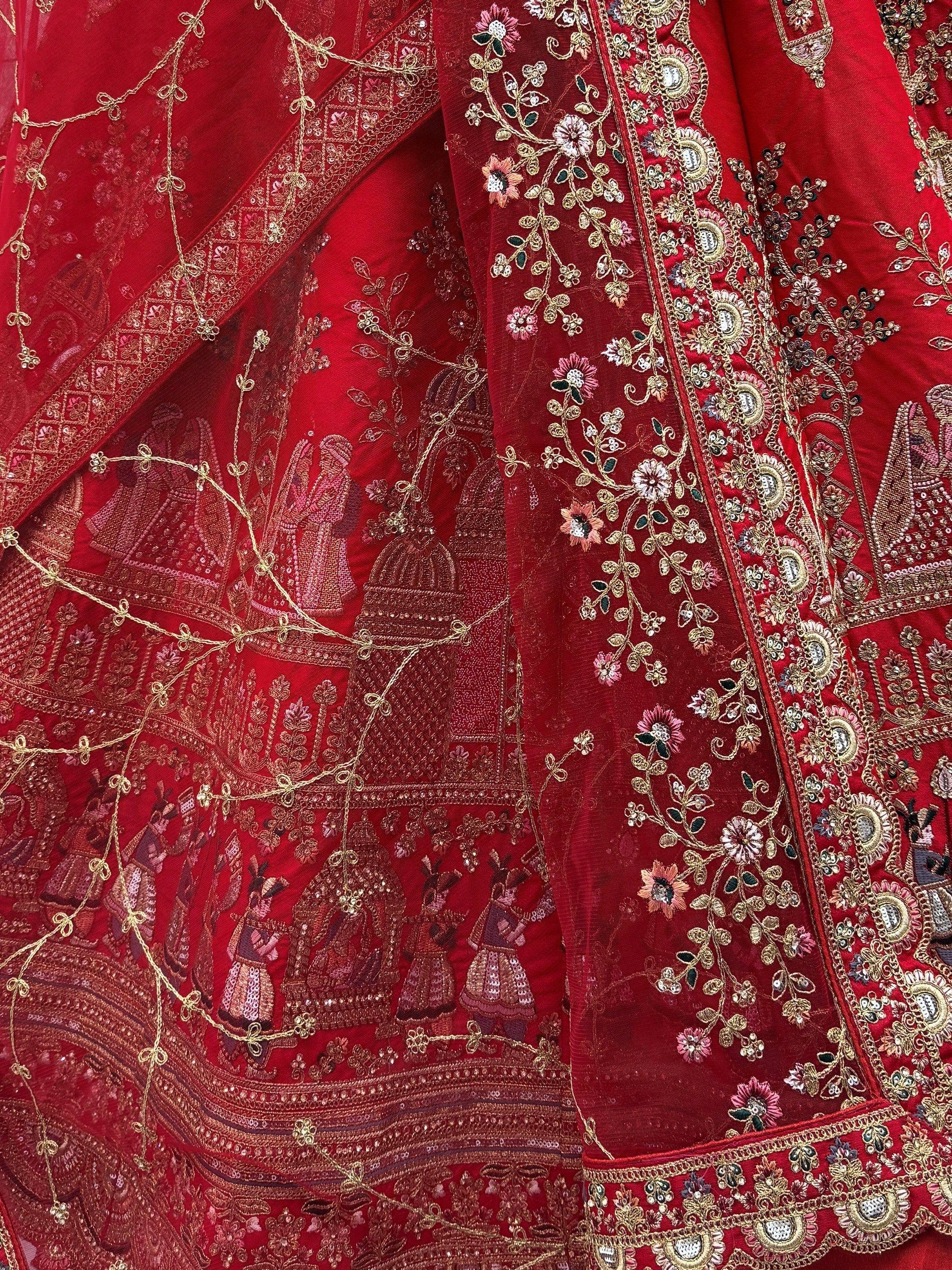 Precious Red Embroidered Silk Bridal Lehenga Choli With Double Dupatta