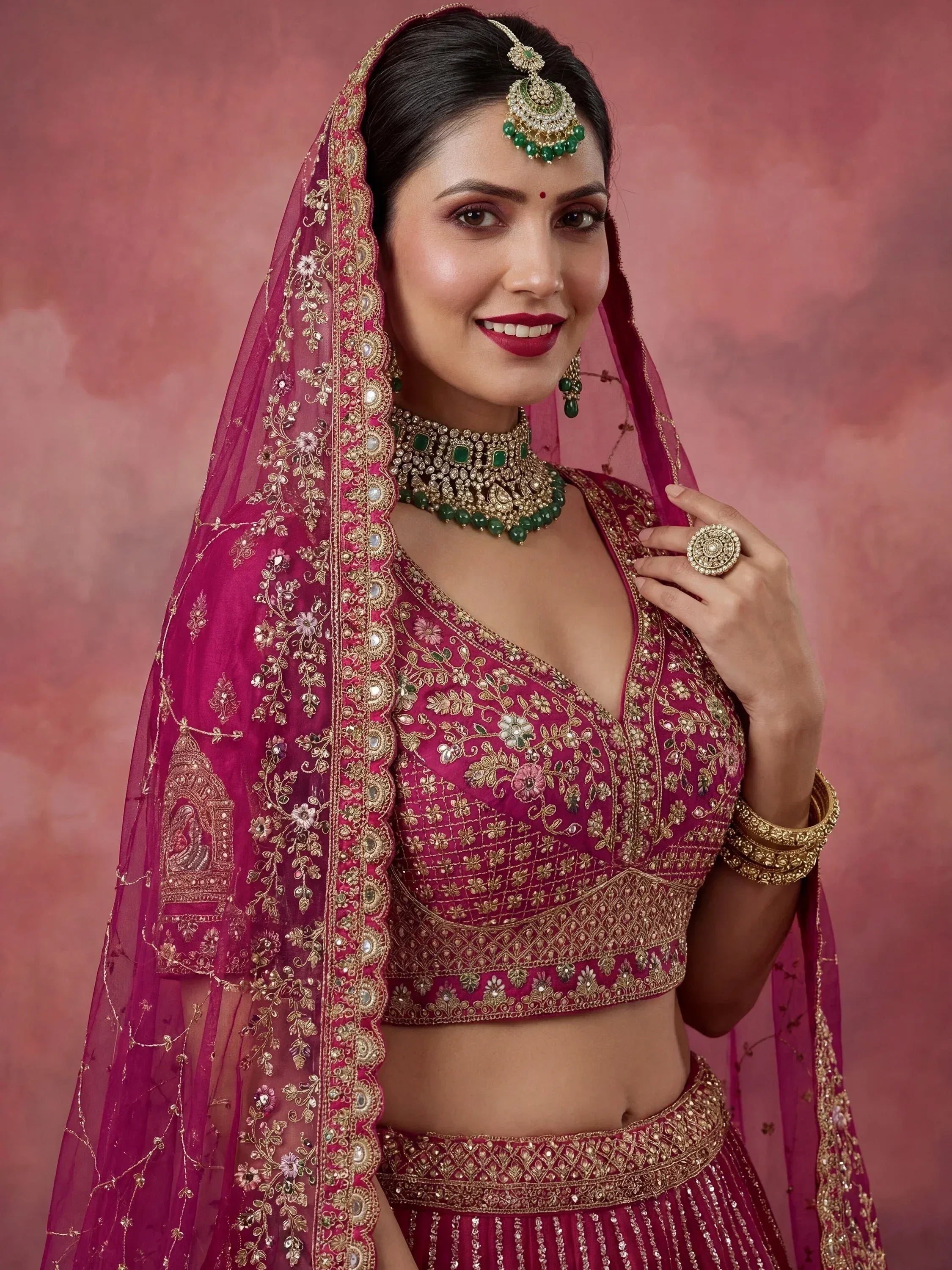 Graceful Pink Embroidered Silk Bridal Lehenga Choli With Double Dupatta
