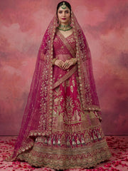 Graceful Pink Embroidered Silk Bridal Lehenga Choli With Double Dupatta