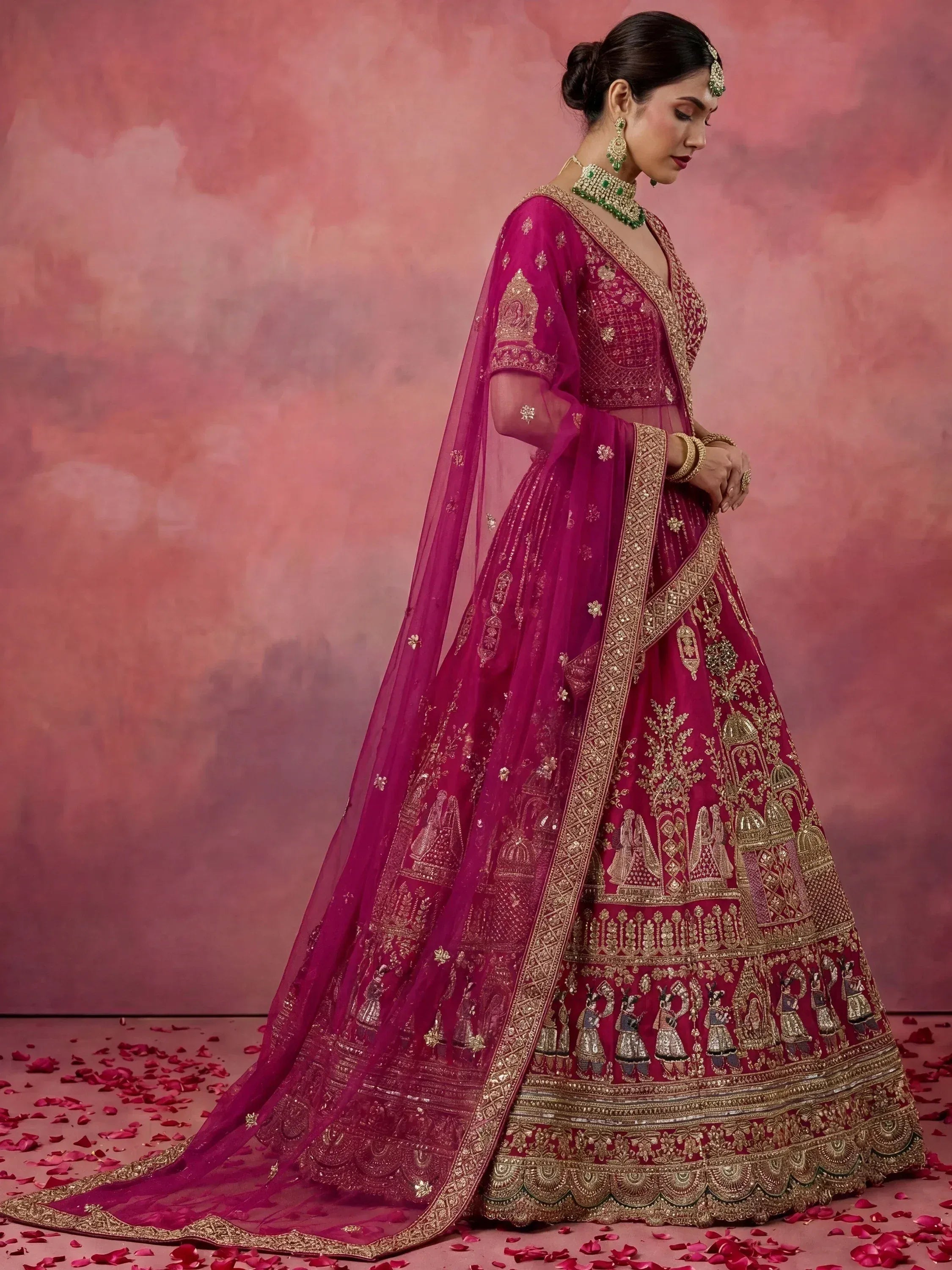 Graceful Pink Embroidered Silk Bridal Lehenga Choli With Double Dupatta