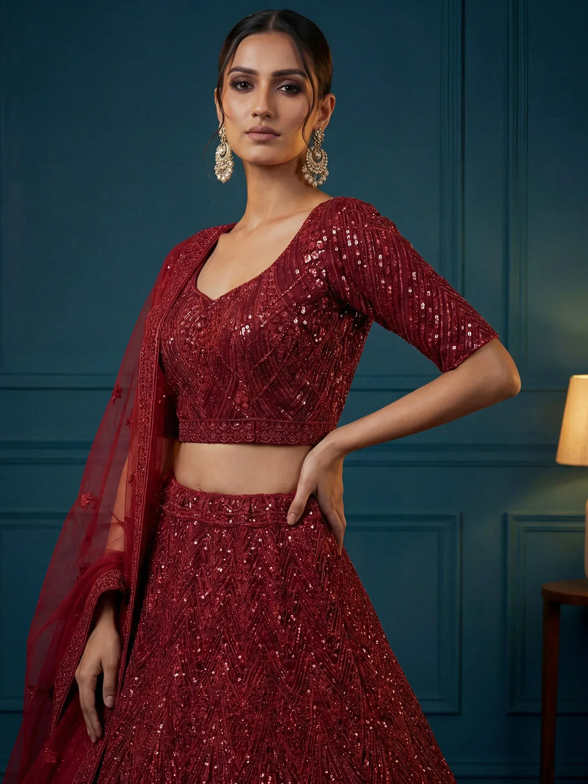 Red sequin lehenga choli with dupatta, Indian ethnic wear for weddings and parties