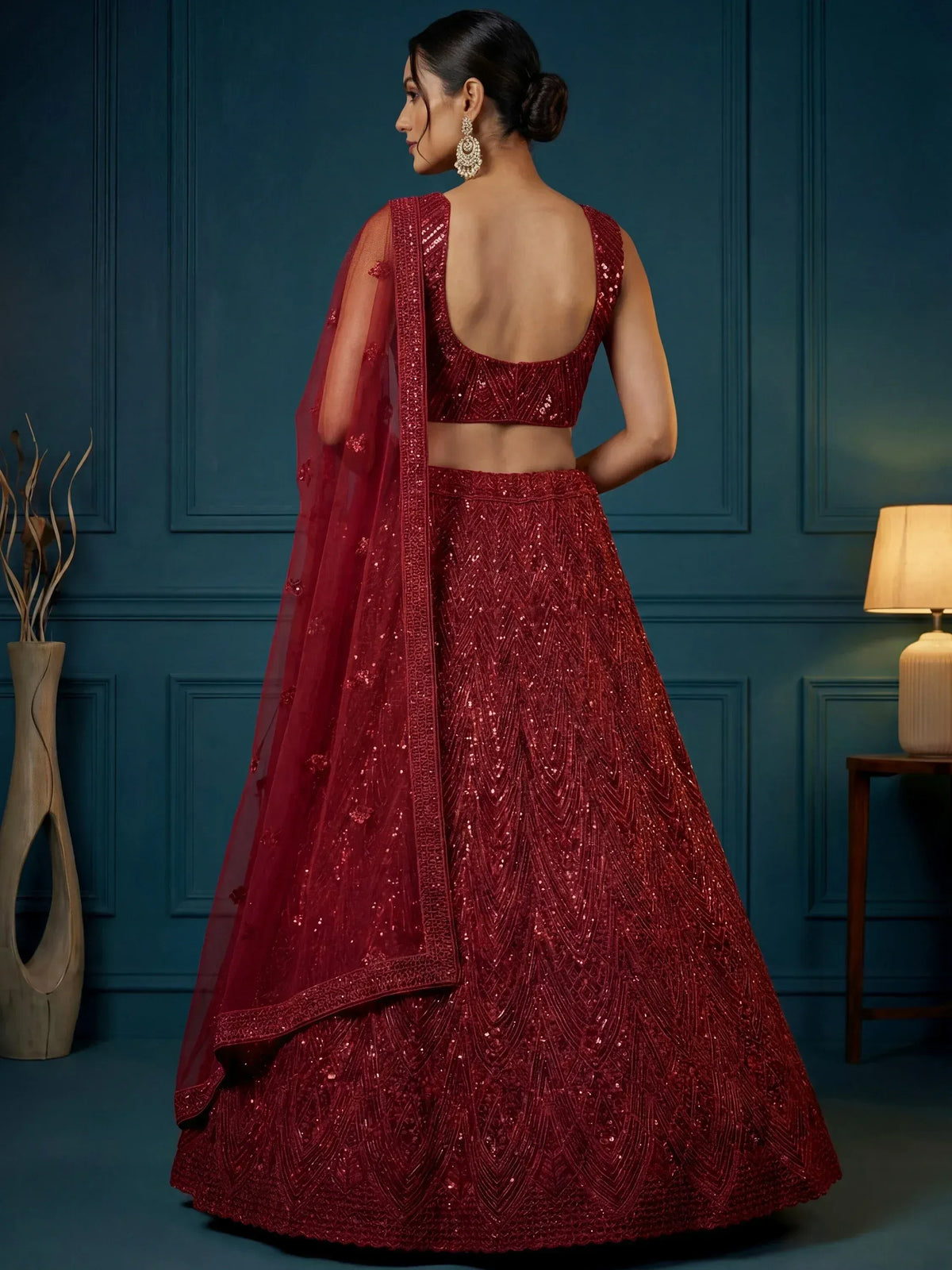 Red sequin lehenga choli with backless blouse and sheer dupatta, Indian ethnic wear