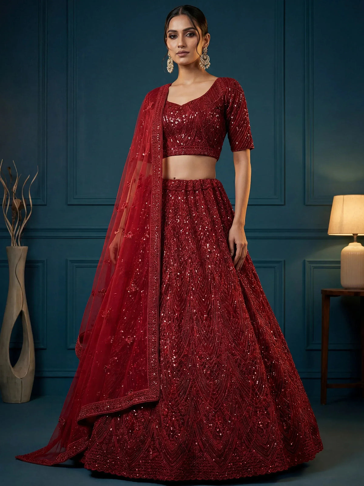 Red sequin lehenga choli with matching dupatta, elegant Indian ethnic wear for weddings and parties