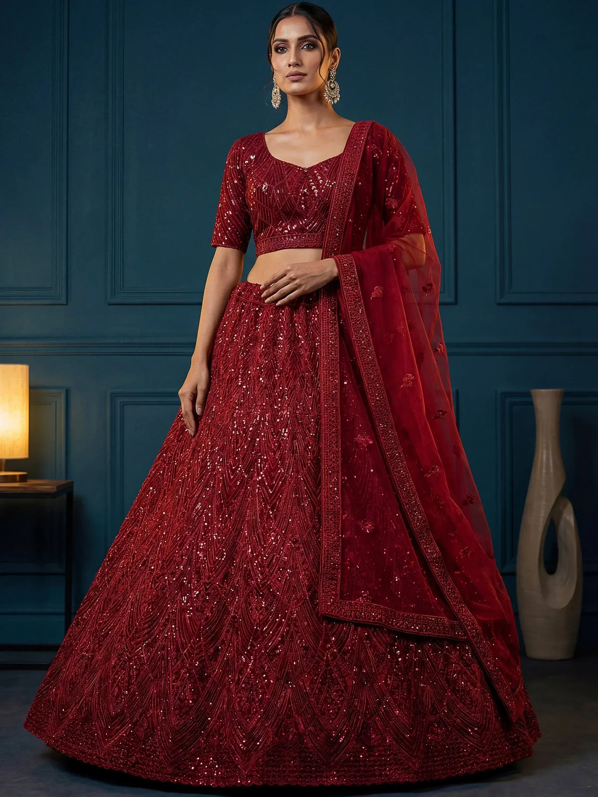 Red sequin lehenga choli with dupatta, Indian ethnic wear for weddings and parties