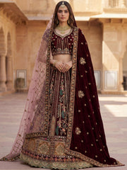 Pretty Wine Embroidered Velvet Bridal Lehenga Choli With Double Dupatta