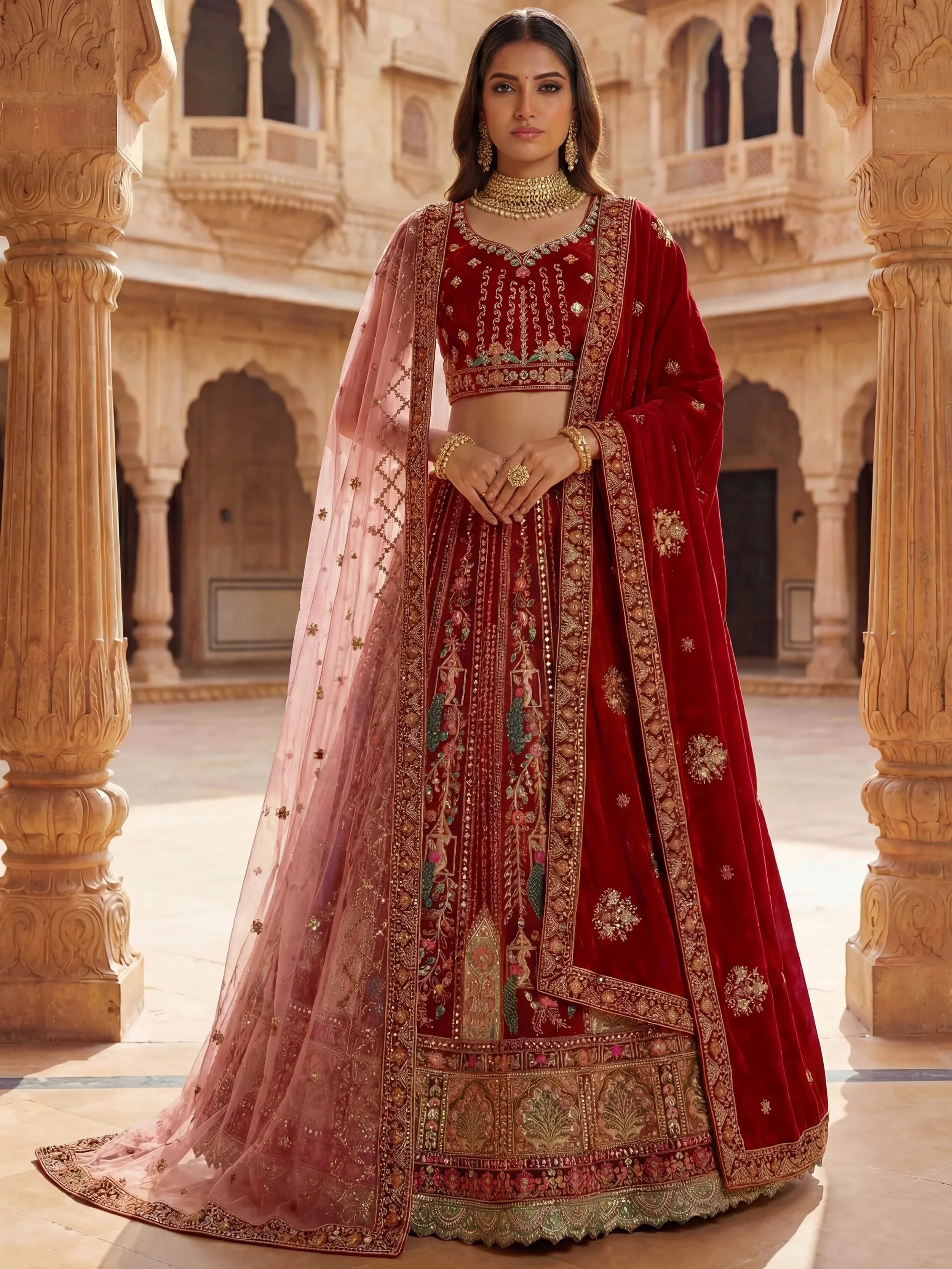 Lovely Red Embroidered Velvet Bridal Lehenga Choli With Double Dupatta