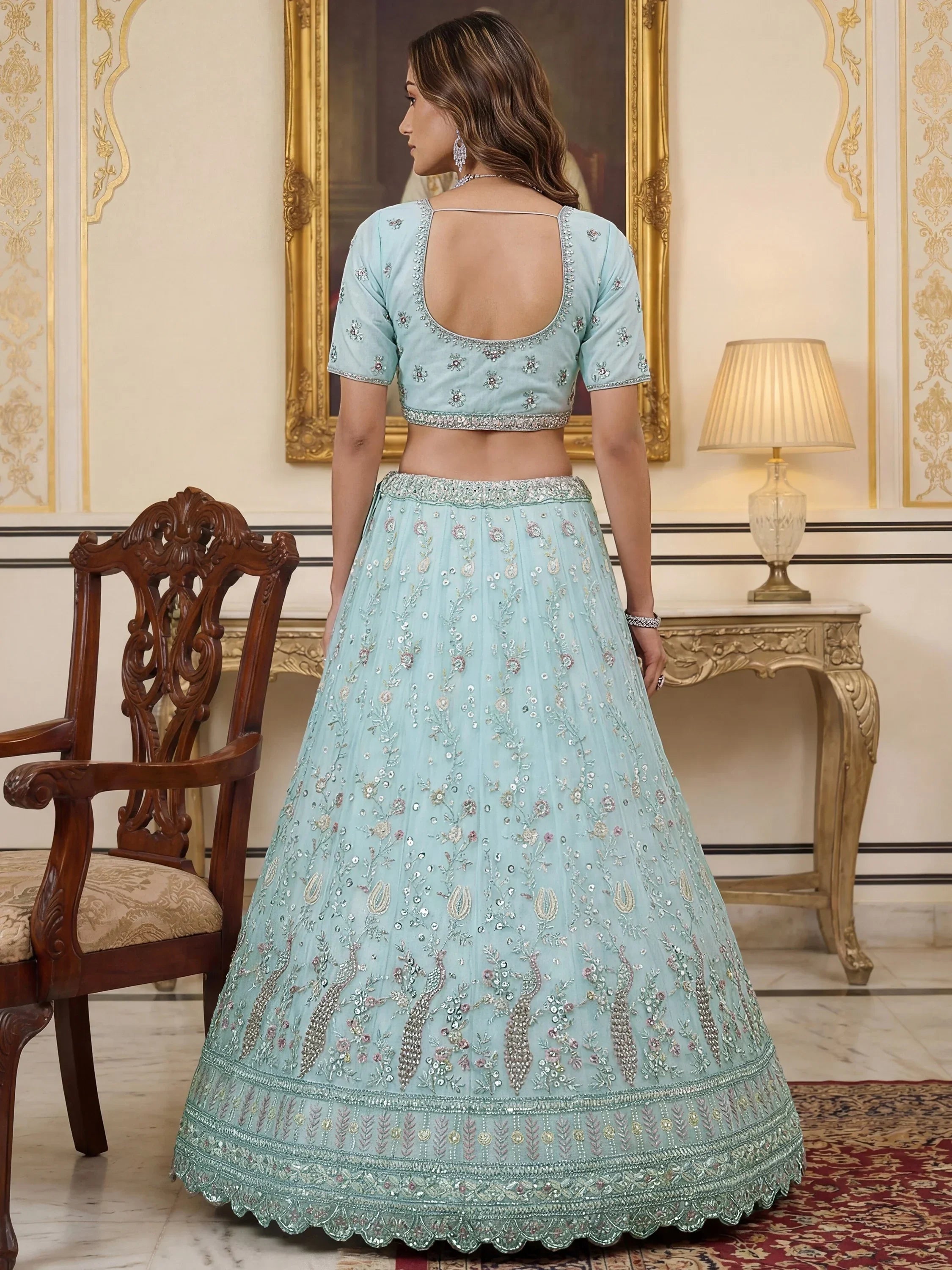 Graceful Sky Blue Embroidered Net Party Wear Lehenga Choli