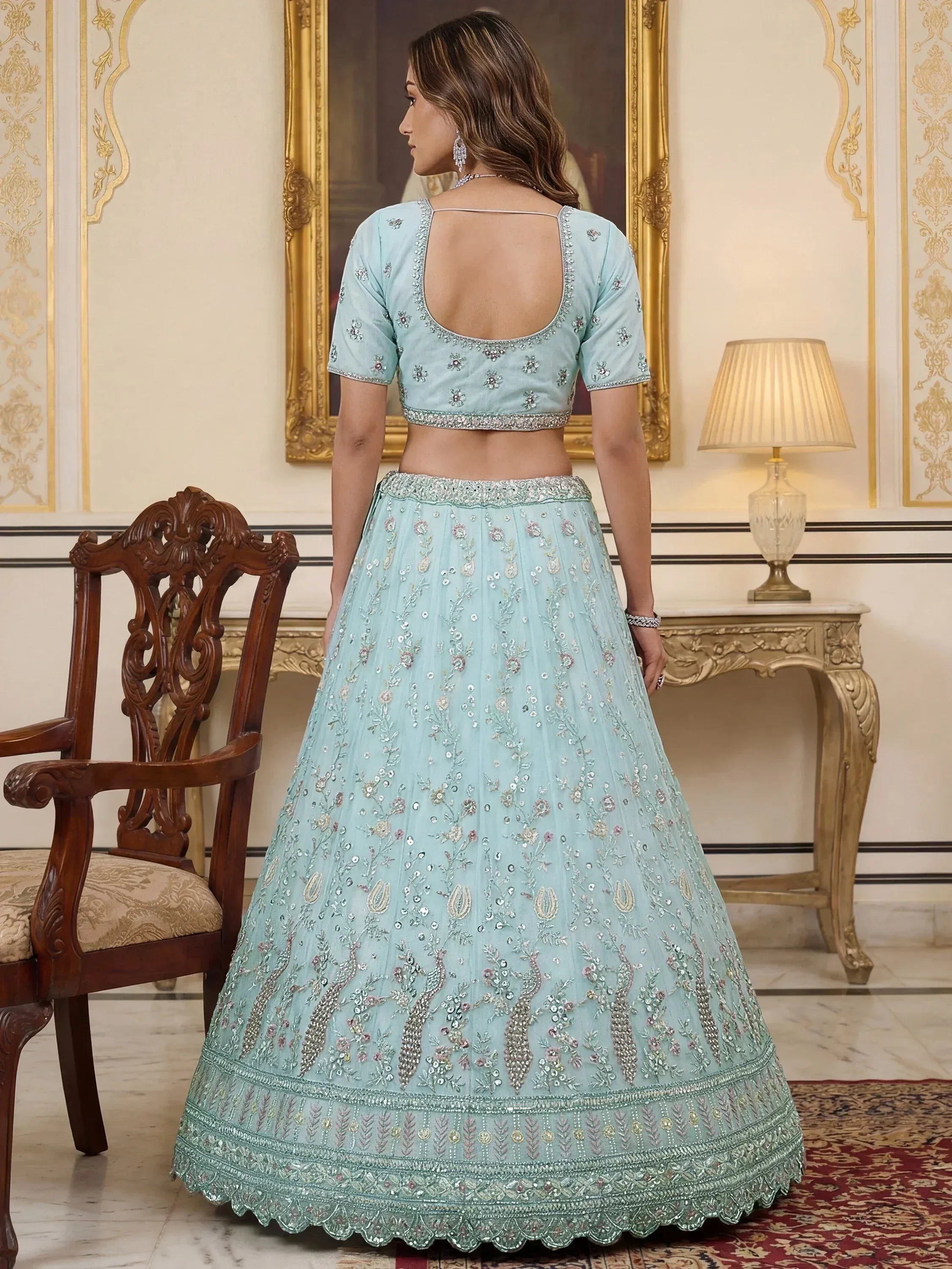 Graceful Sky Blue Embroidered Net Party Wear Lehenga Choli