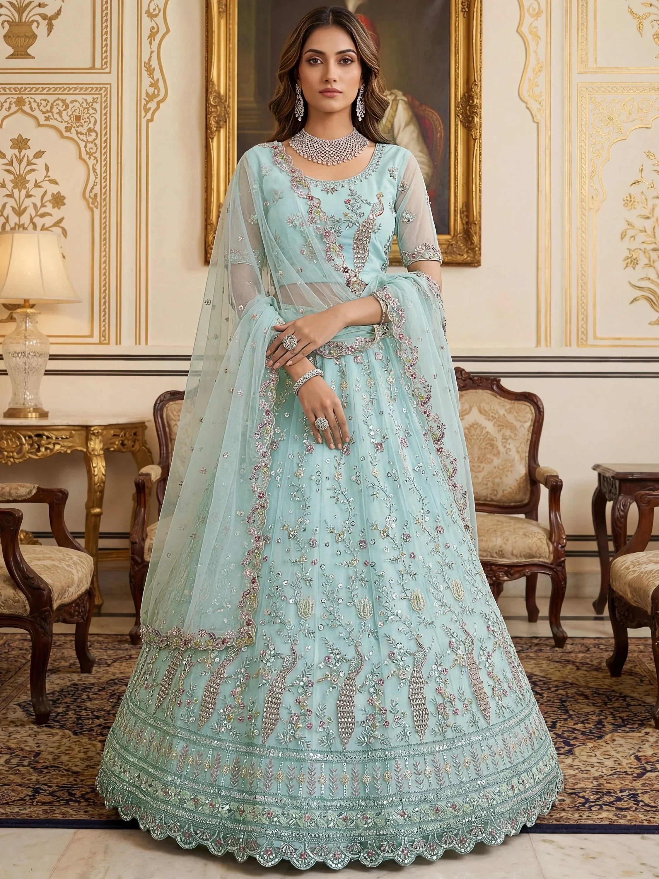 Graceful Sky Blue Embroidered Net Party Wear Lehenga Choli