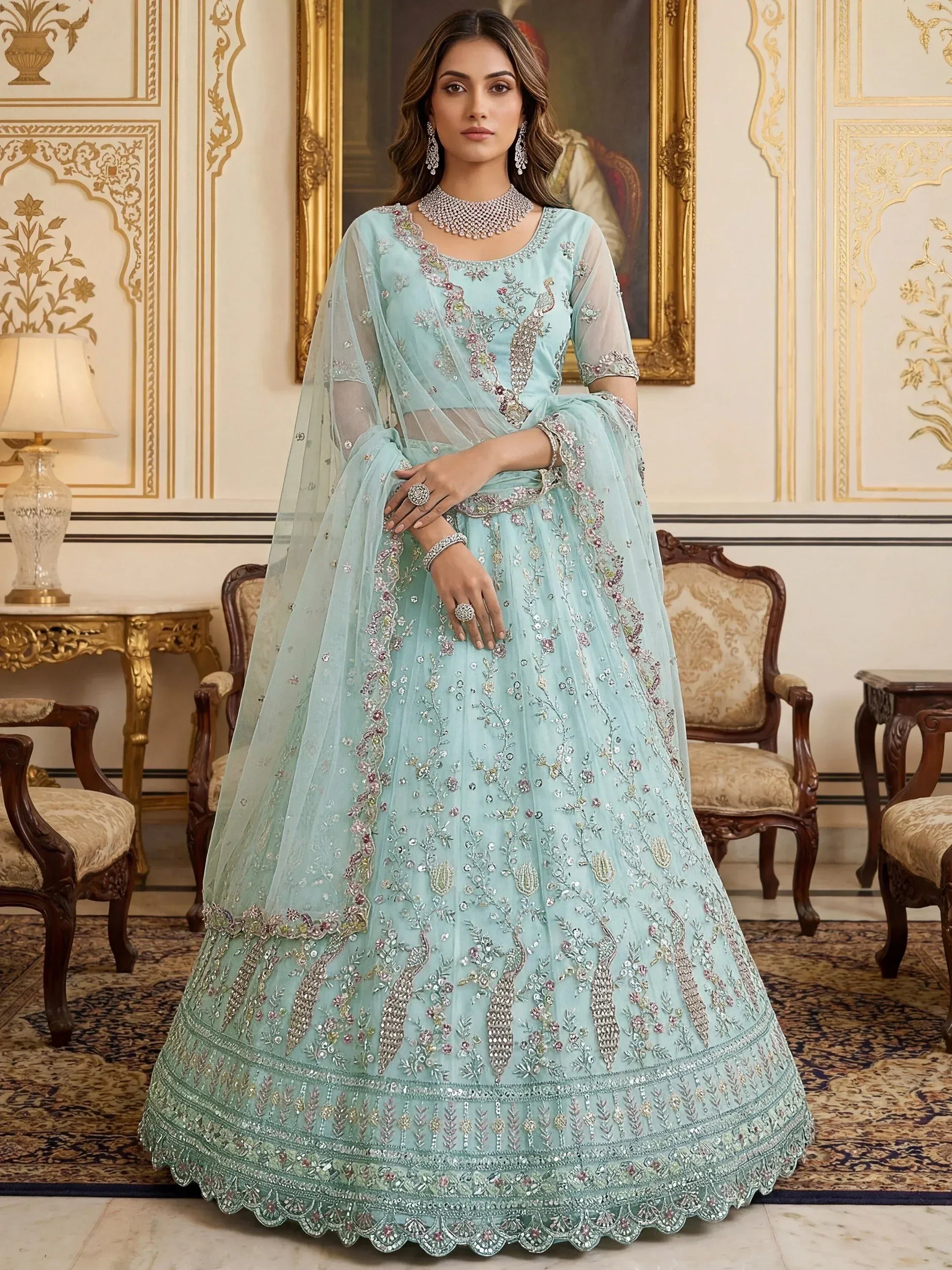 Graceful Sky Blue Embroidered Net Party Wear Lehenga Choli