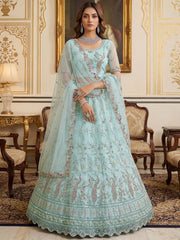 Graceful Sky Blue Embroidered Net Party Wear Lehenga Choli