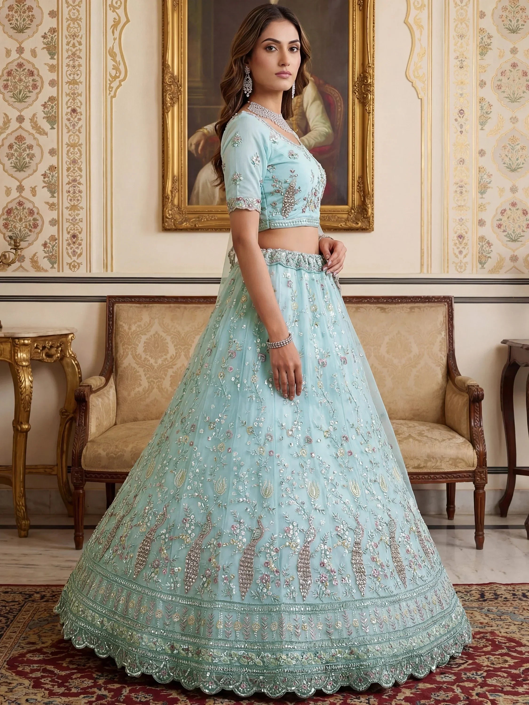 Graceful Sky Blue Embroidered Net Party Wear Lehenga Choli