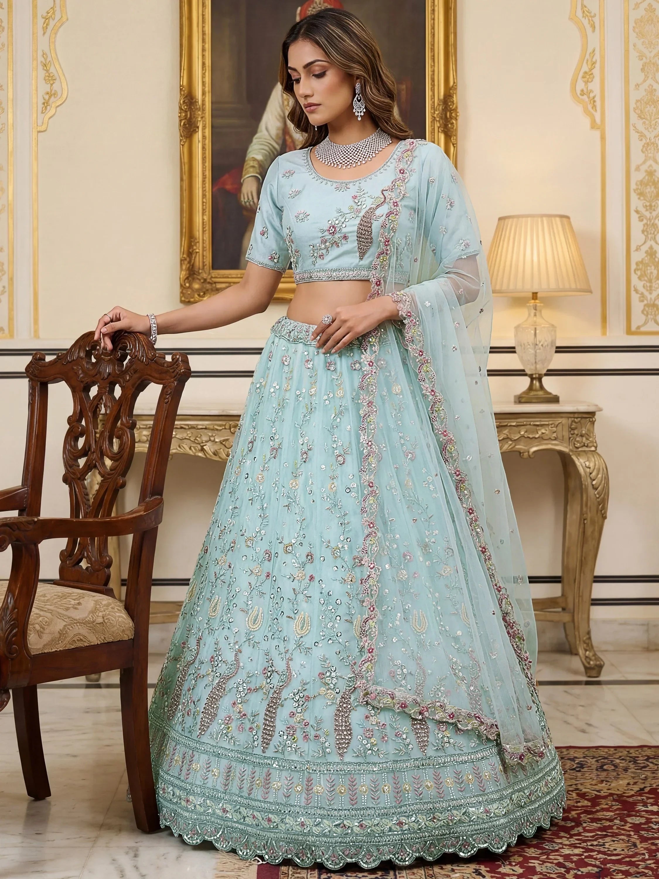 Graceful Sky Blue Embroidered Net Party Wear Lehenga Choli