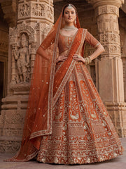 Beautiful Rust Orange Sequins Silk Bridal Lehenga Choli With Double Dupatta