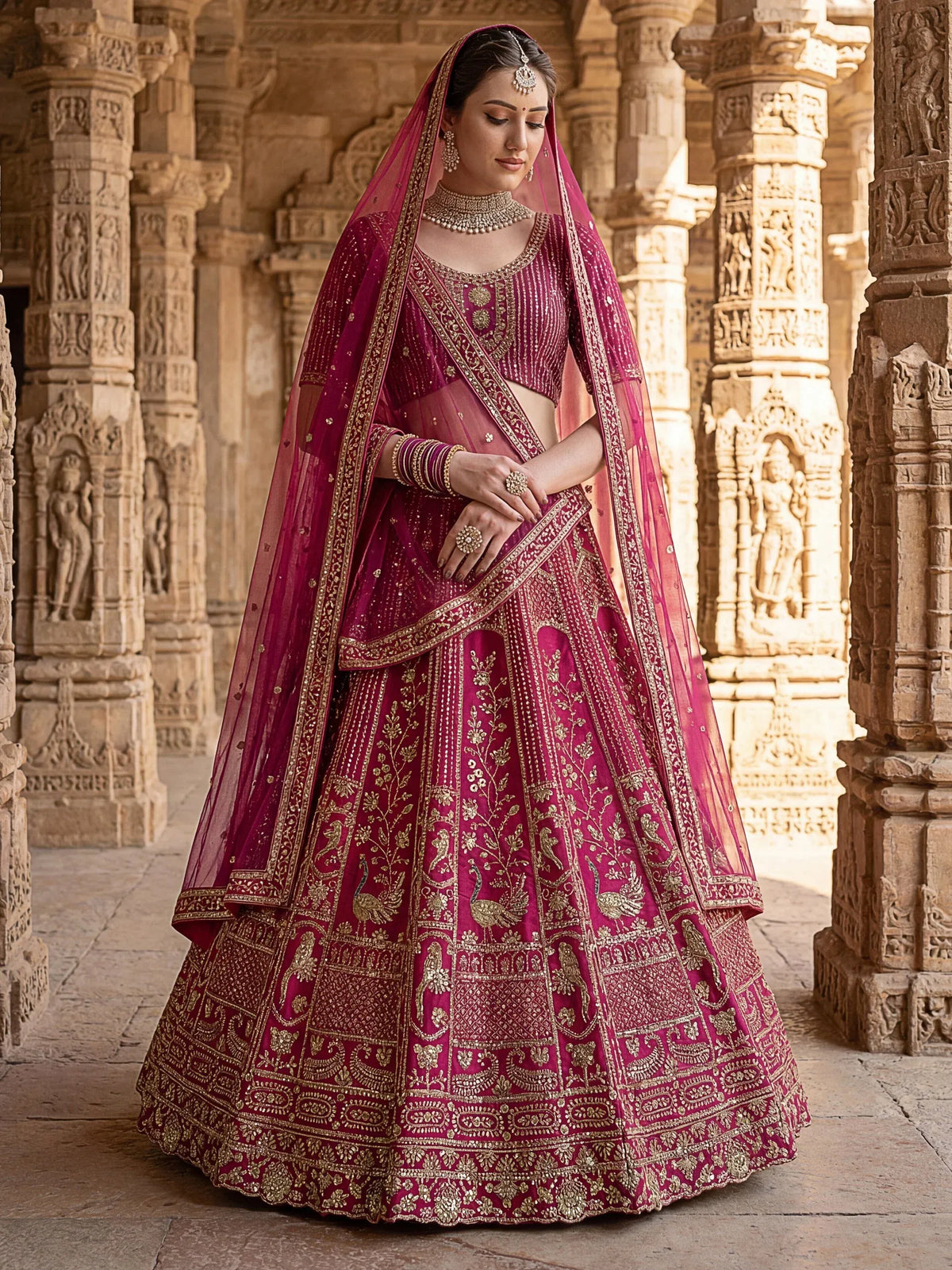 Woman wearing a magenta designer lehenga choli with gold embroidery in a carved stone temple.