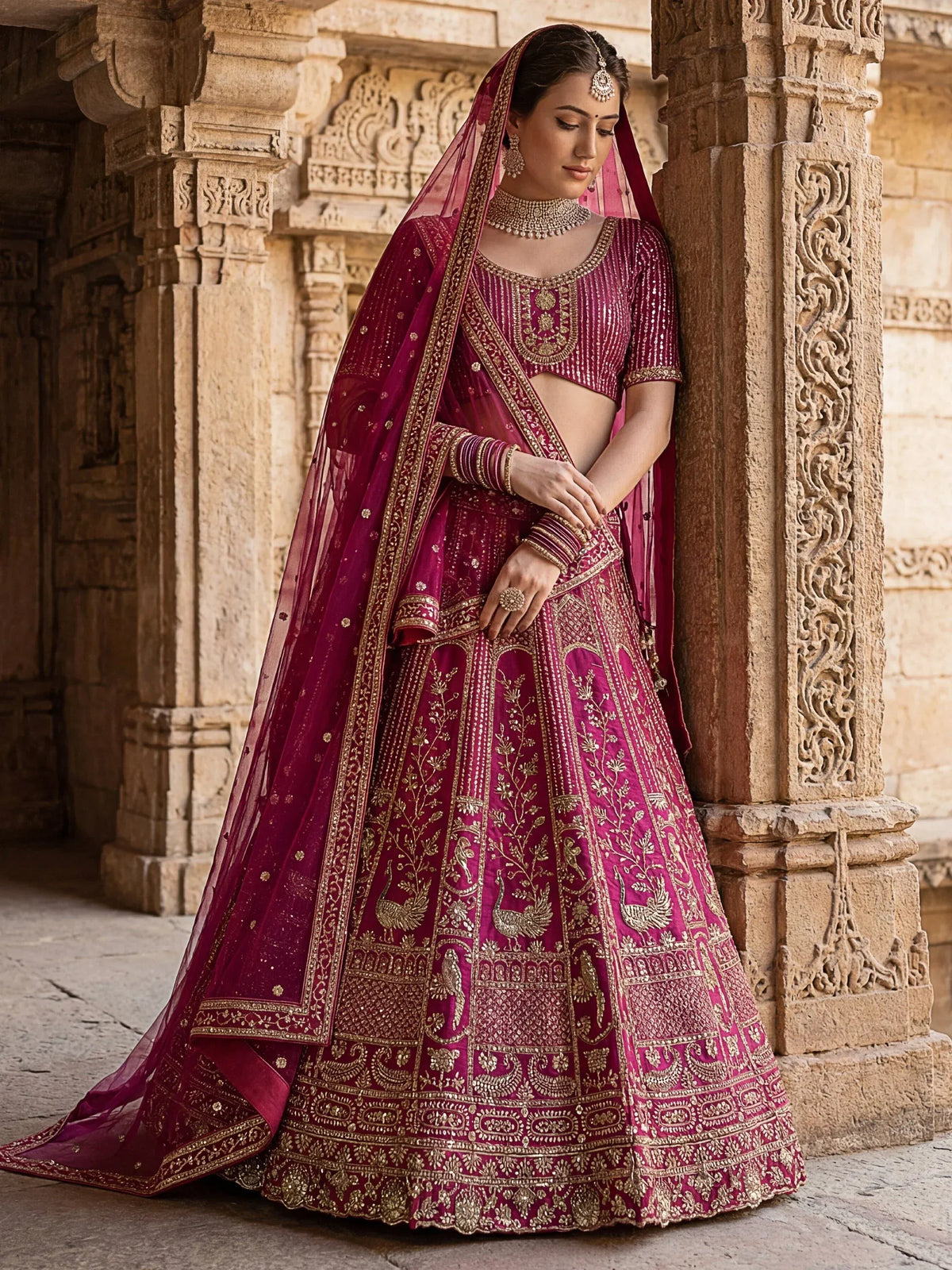 Woman wearing a heavily embroidered magenta designer lehenga choli with a matching dupatta