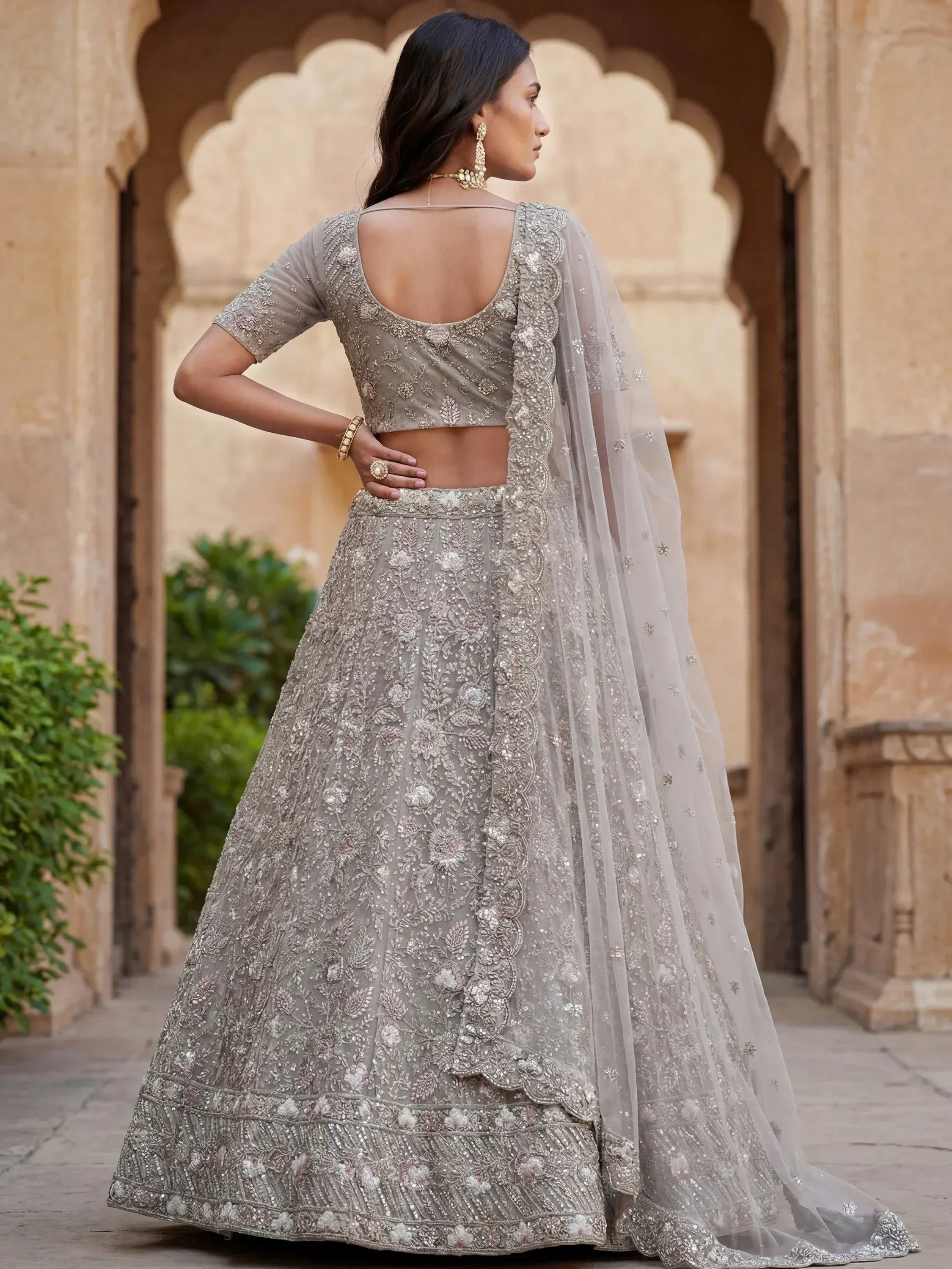 Beautiful Grey Embroidered Net Engagement Wear Lehenga Choli