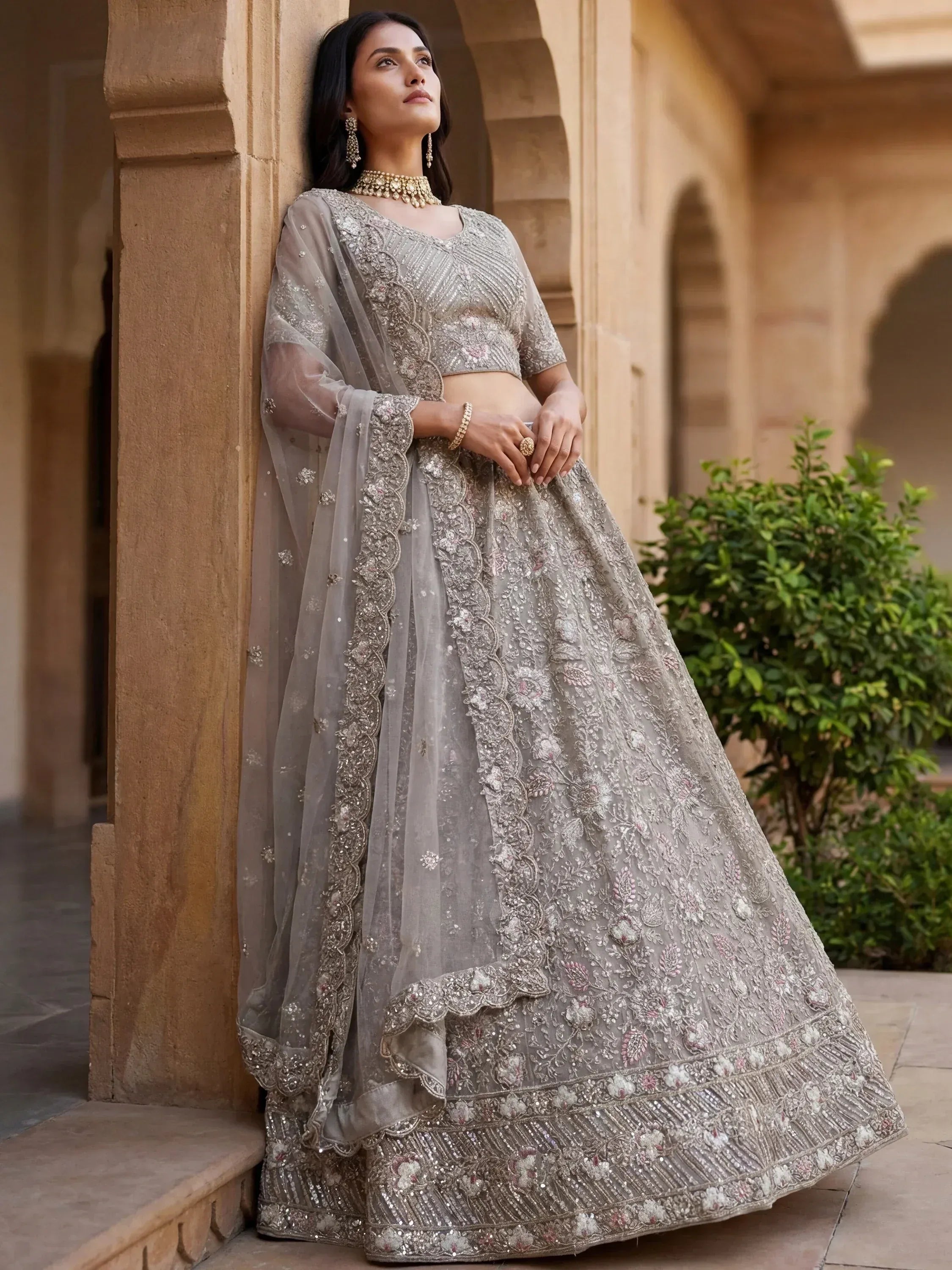 Beautiful Grey Embroidered Net Engagement Wear Lehenga Choli