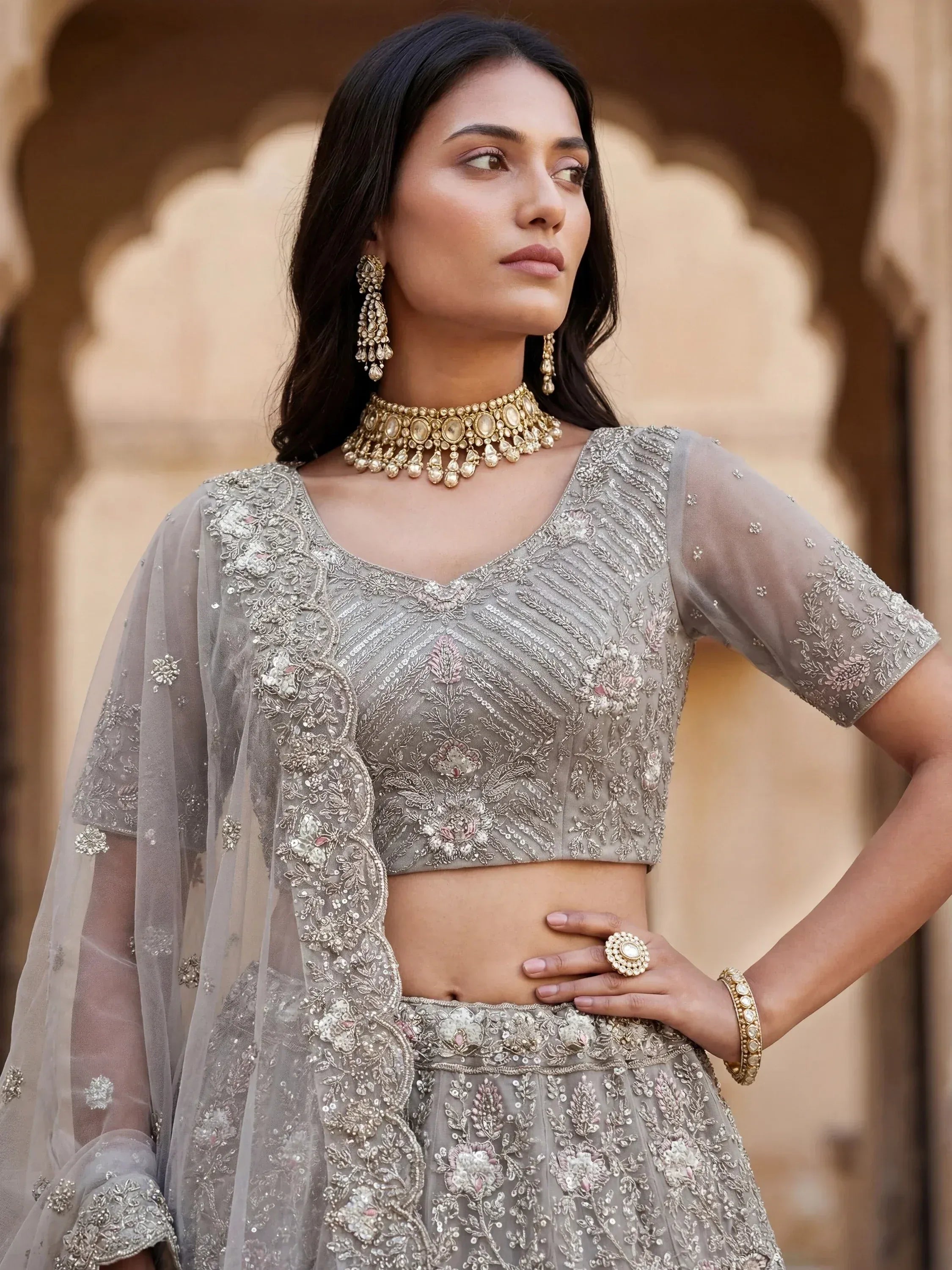 Beautiful Grey Embroidered Net Engagement Wear Lehenga Choli