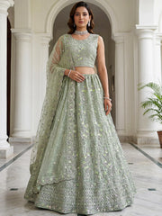 Beautiful Sea Green Embroidered Net Reception Wear Lehenga Choli