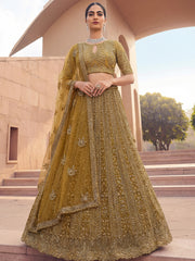 Alluring Green Embroidered Net Engagement Wear Lehenga Choli