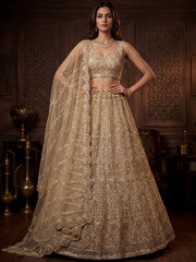 Graceful Golden Hand Work Net Designer Lehenga Choli With Dupatta