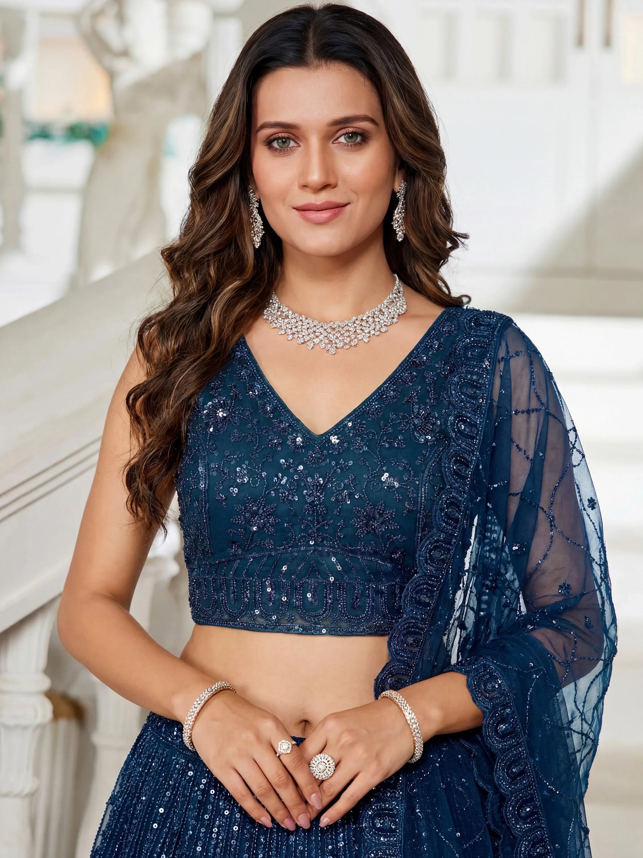 Beautiful Blue Beads Work Net Cocktail Party Wear Lehenga Choli