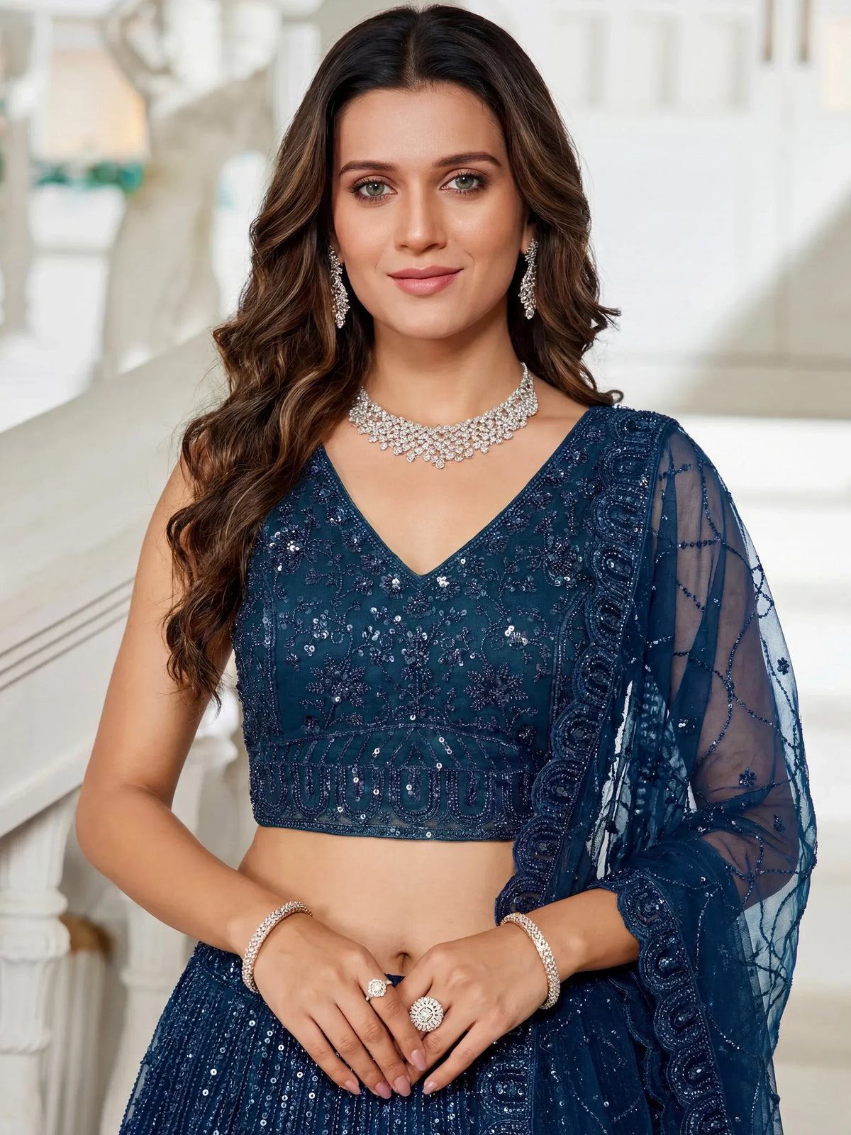 Beautiful Blue Beads Work Net Cocktail Party Wear Lehenga Choli