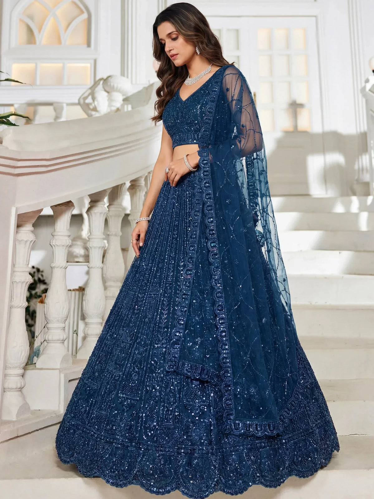 Beautiful Blue Beads Work Net Cocktail Party Wear Lehenga Choli