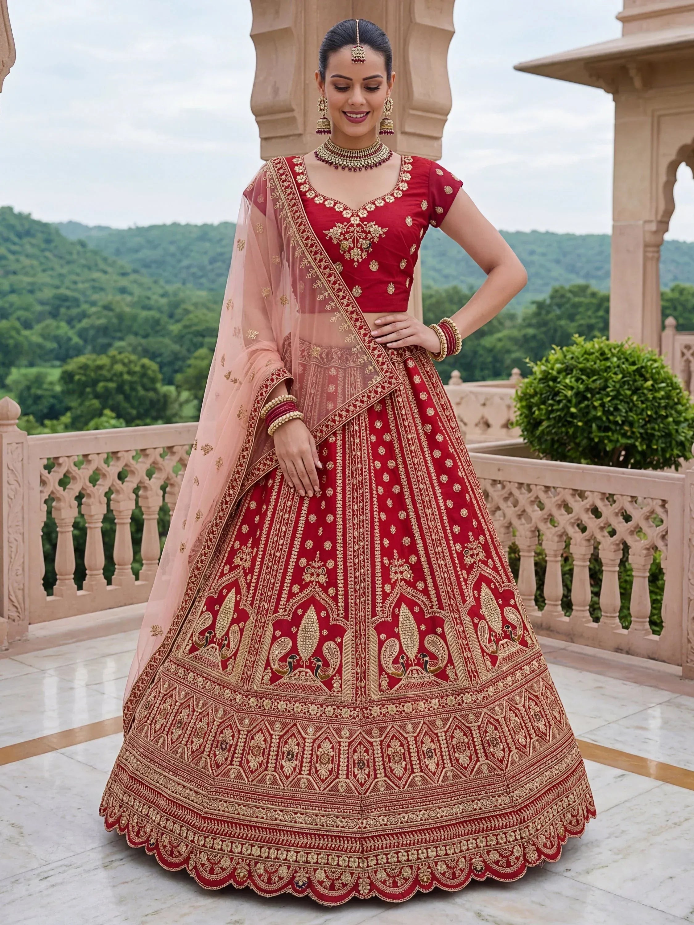 Aesthetic Red Dori Work Silk Bridal Lehenga Choli With Double Dupatta