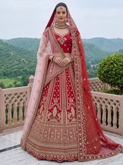 Aesthetic Red Dori Work Silk Bridal Lehenga Choli With Double Dupatta