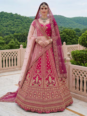 Classic Pink Multi Thread Work Silk Bridal Lehenga Choli With Double Dupatta