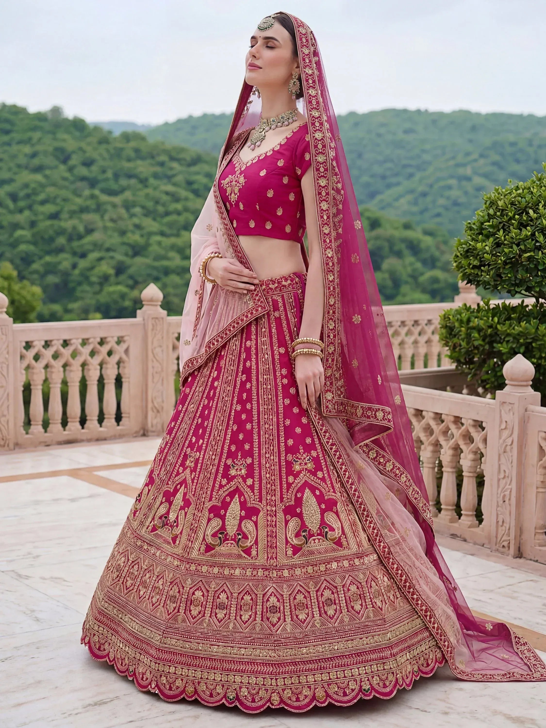 Classic Pink Multi Thread Work Silk Bridal Lehenga Choli With Double Dupatta