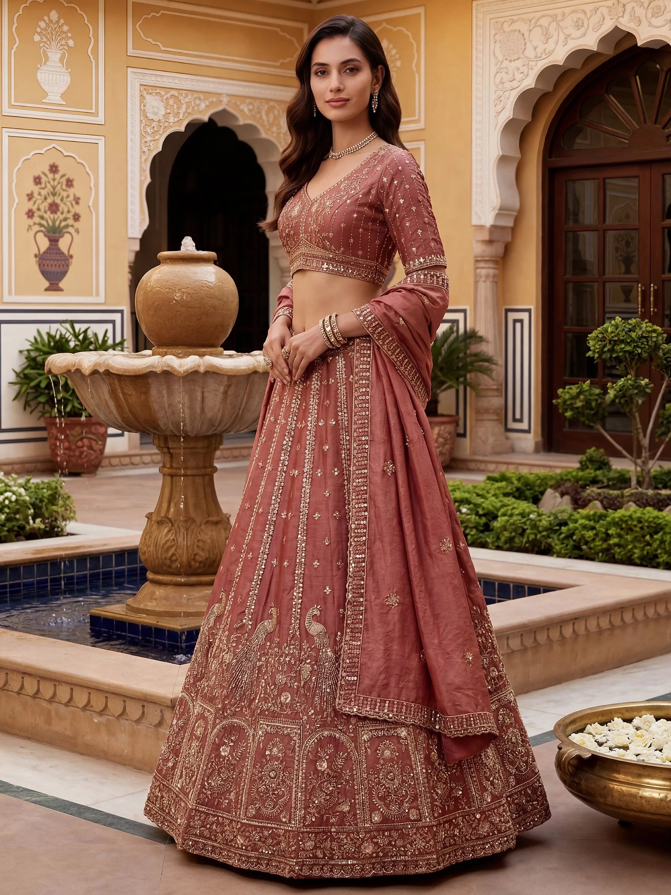 Glorious Dusty Pink Hand Work Silk Engagement Wear Lehenga Choli