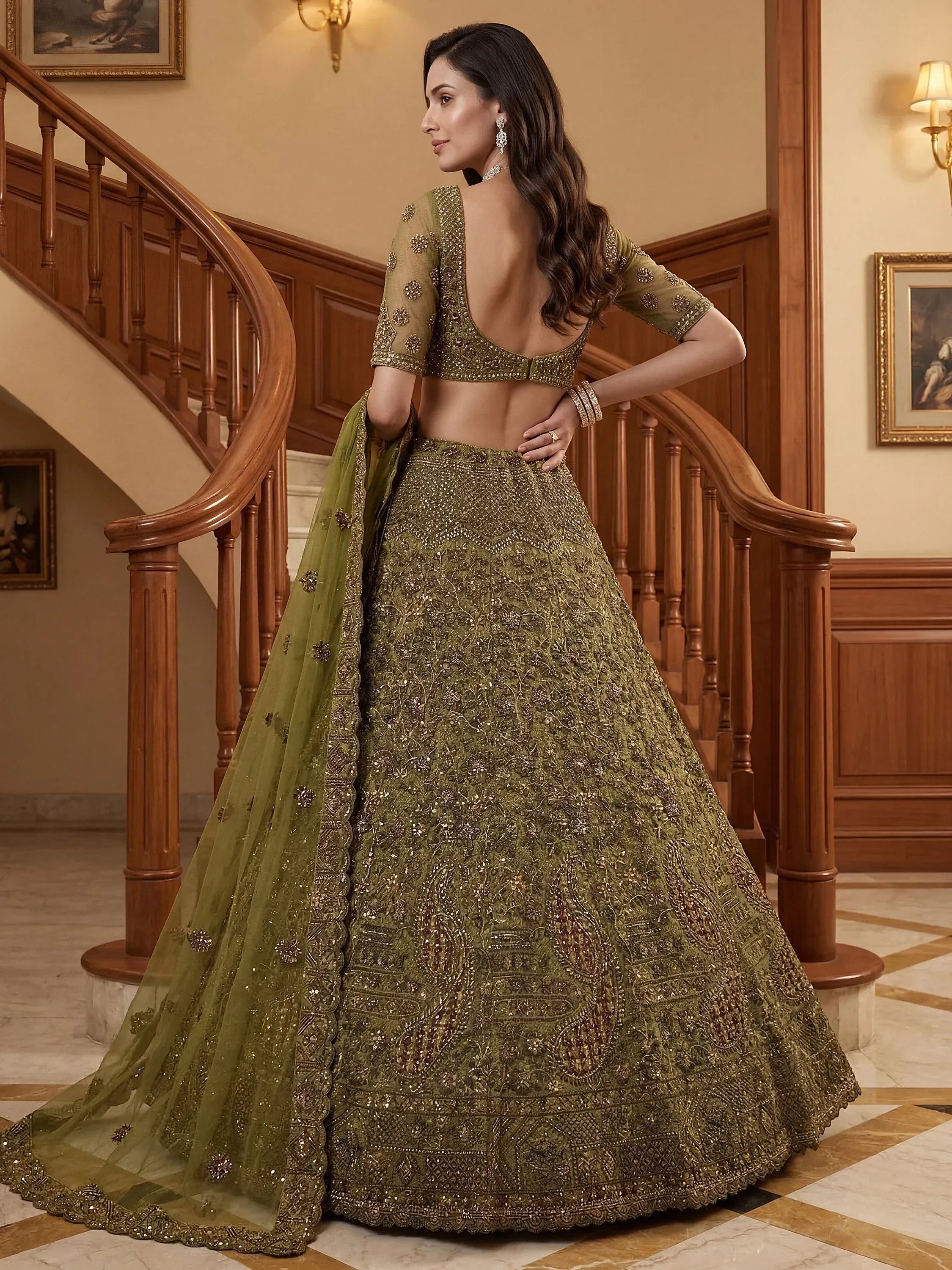 Excellent Olive Green Sequins Net Bridal Lehenga Choli With Dupatta