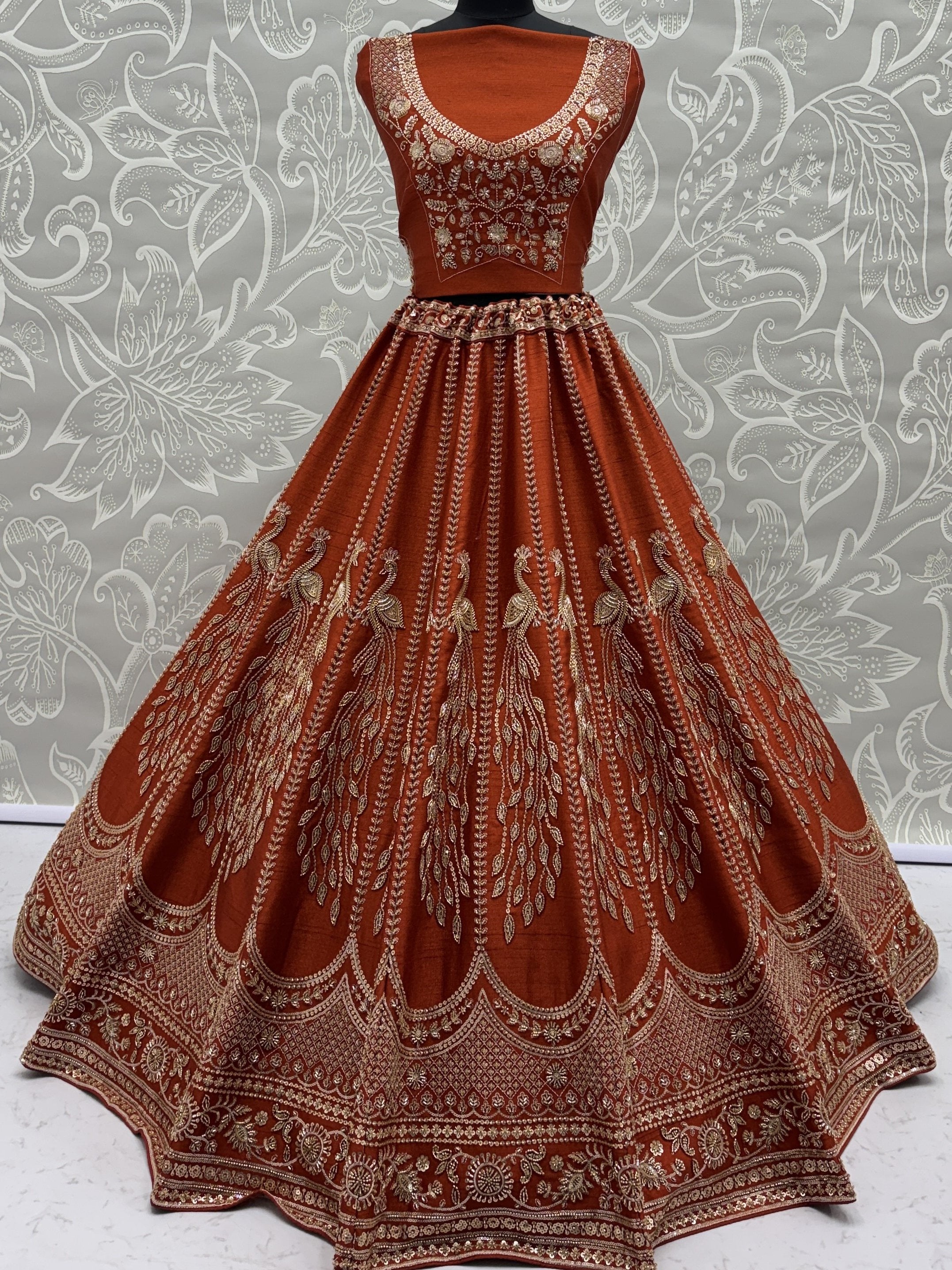 Stylish Rust Orange Hand Work Bridal Lehenga Choli With Double Dupatta
