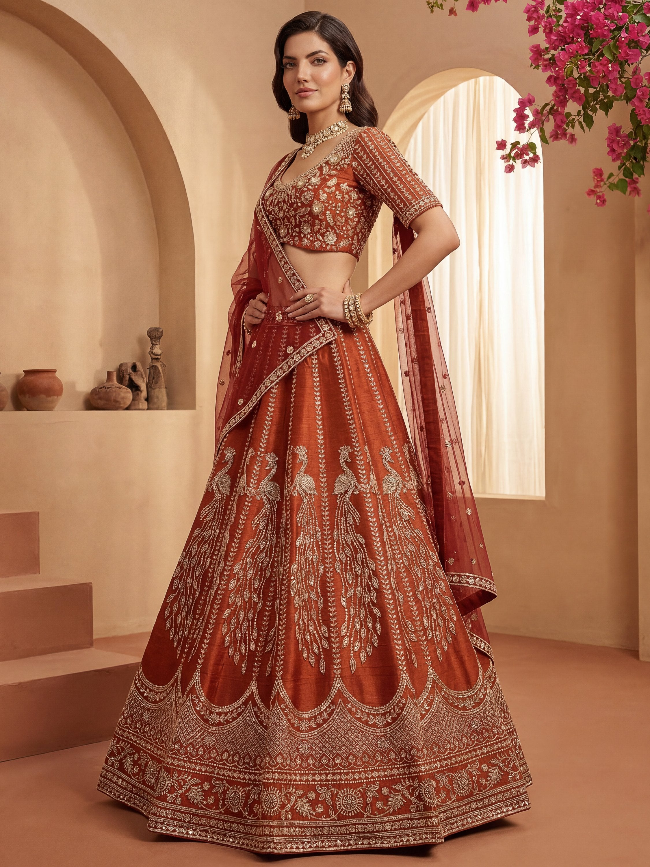 Stylish Rust Orange Hand Work Bridal Lehenga Choli With Double Dupatta