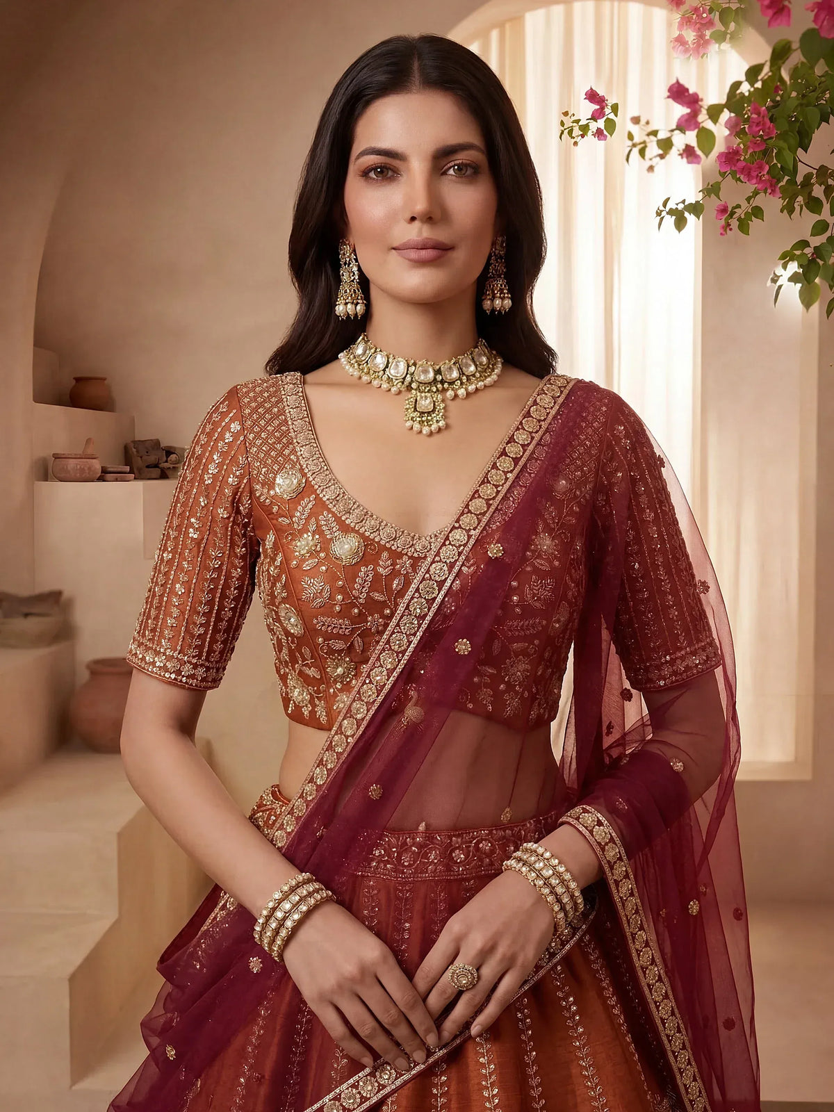 Stylish Rust Orange Hand Work Bridal Lehenga Choli With Double Dupatta