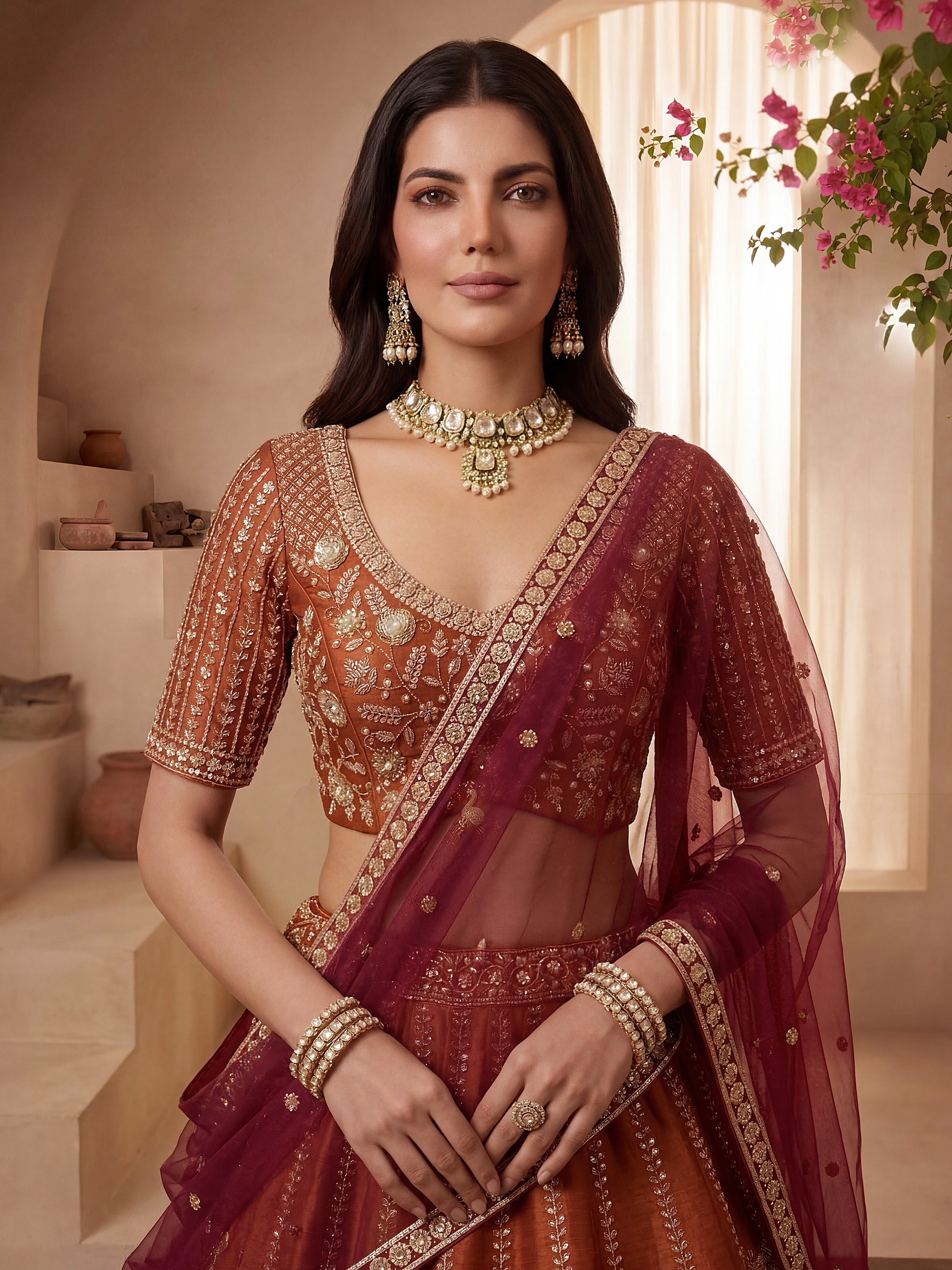 Stylish Rust Orange Hand Work Bridal Lehenga Choli With Double Dupatta