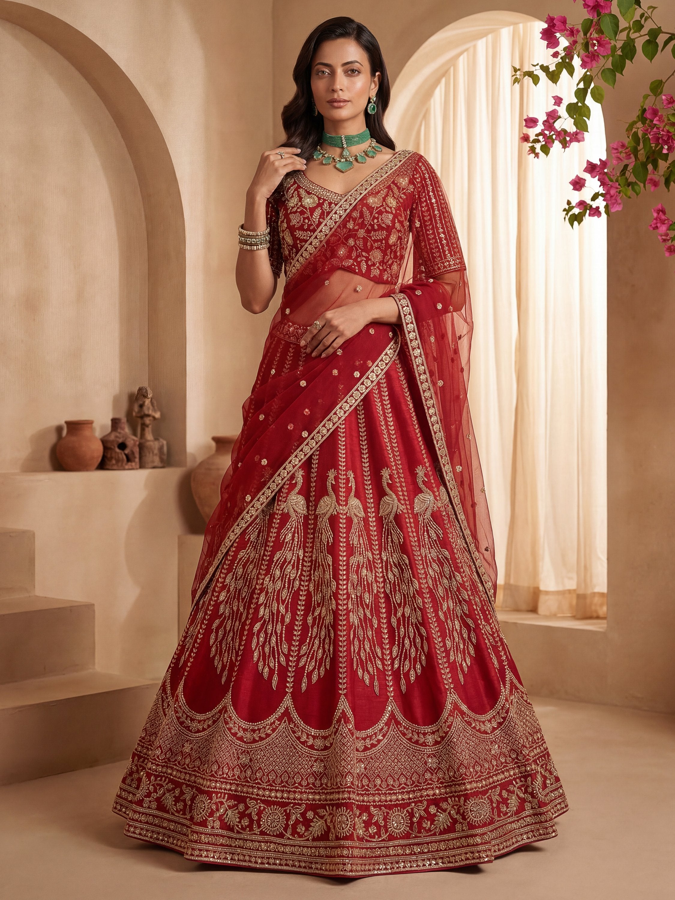 Rich Red Multi Thread Work Bridal Lehenga Choli With Double Dupatta
