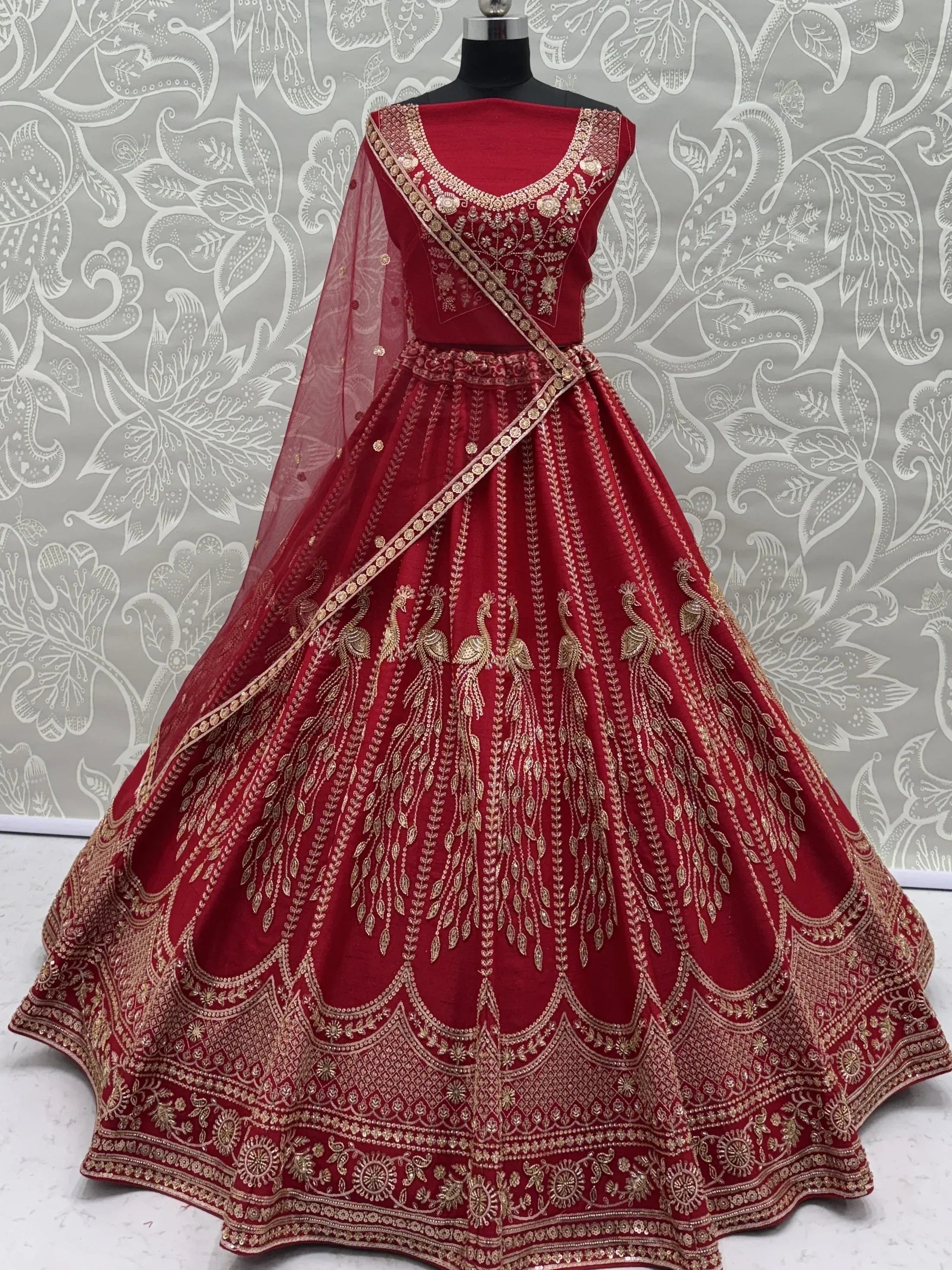 Rich Red Multi Thread Work Bridal Lehenga Choli With Double Dupatta