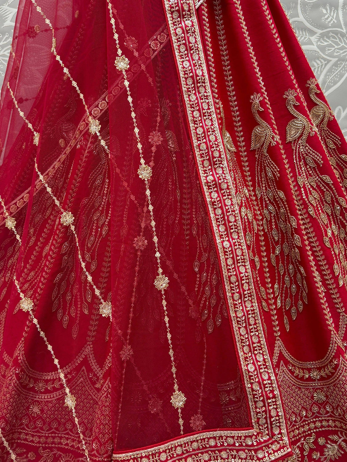 Rich Red Multi Thread Work Bridal Lehenga Choli With Double Dupatta