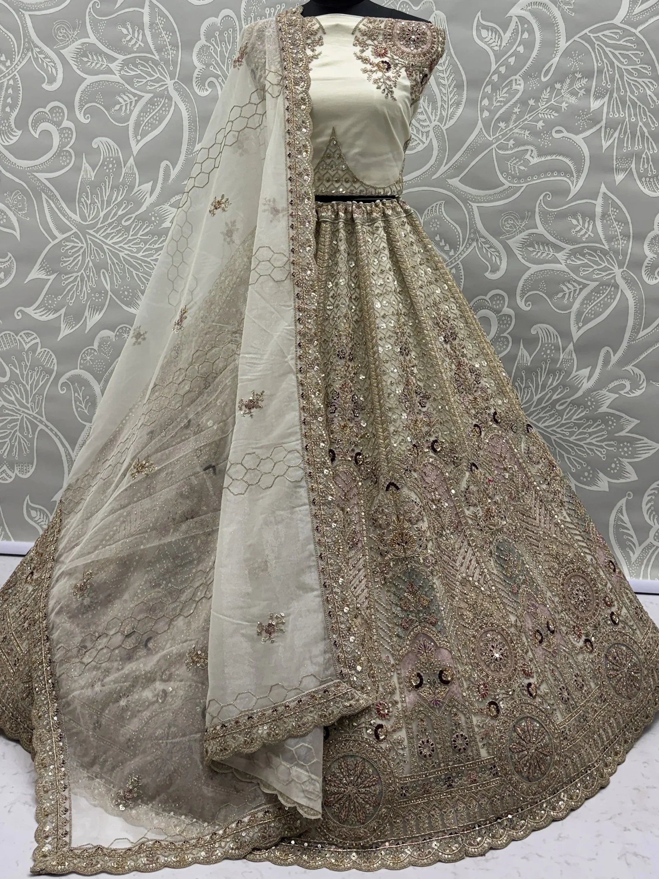Dreamy Off-White Dori Work Net Wedding Wear Lehenga Choli