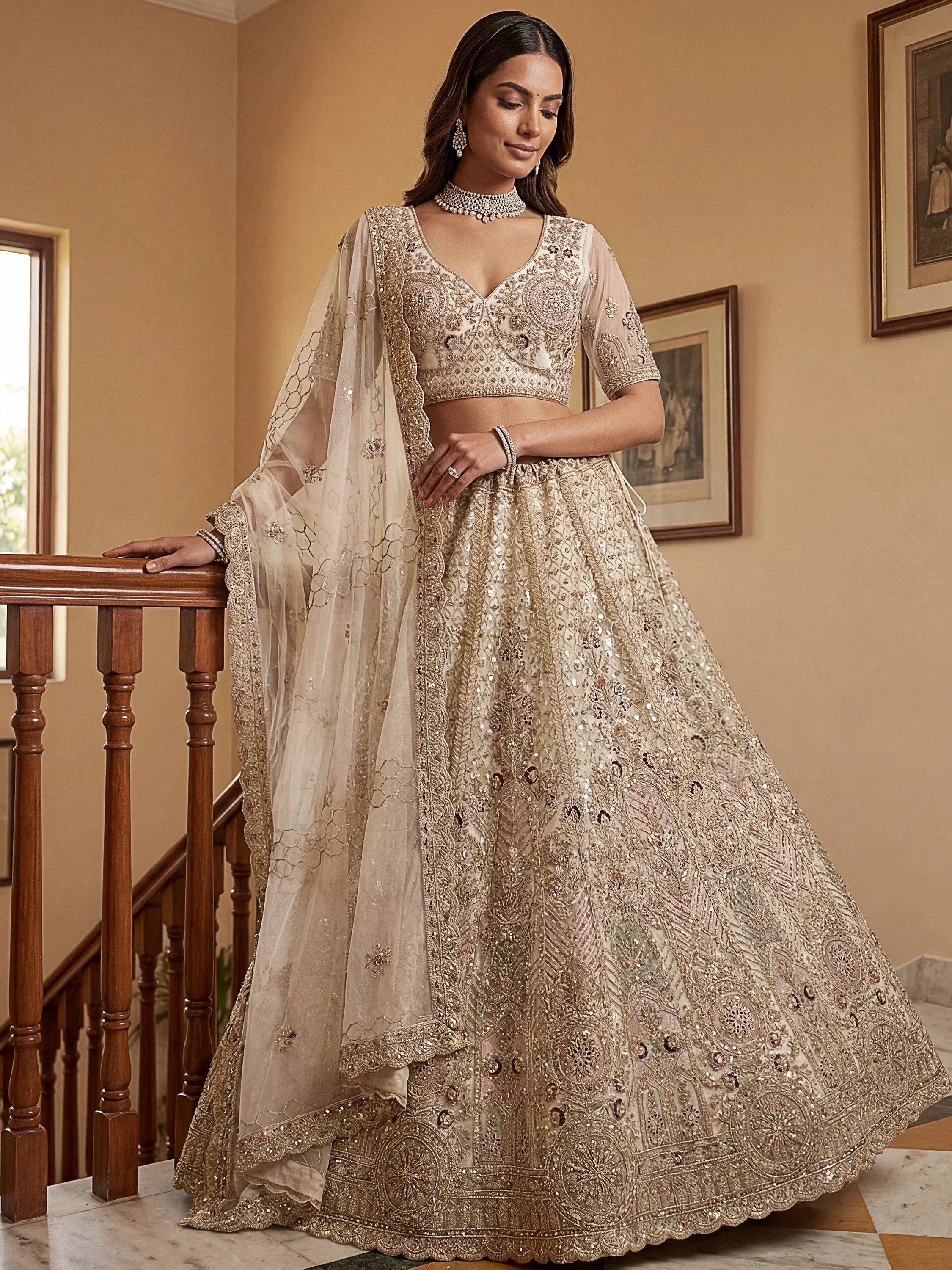 Dreamy Off-White Dori Work Net Wedding Wear Lehenga Choli
