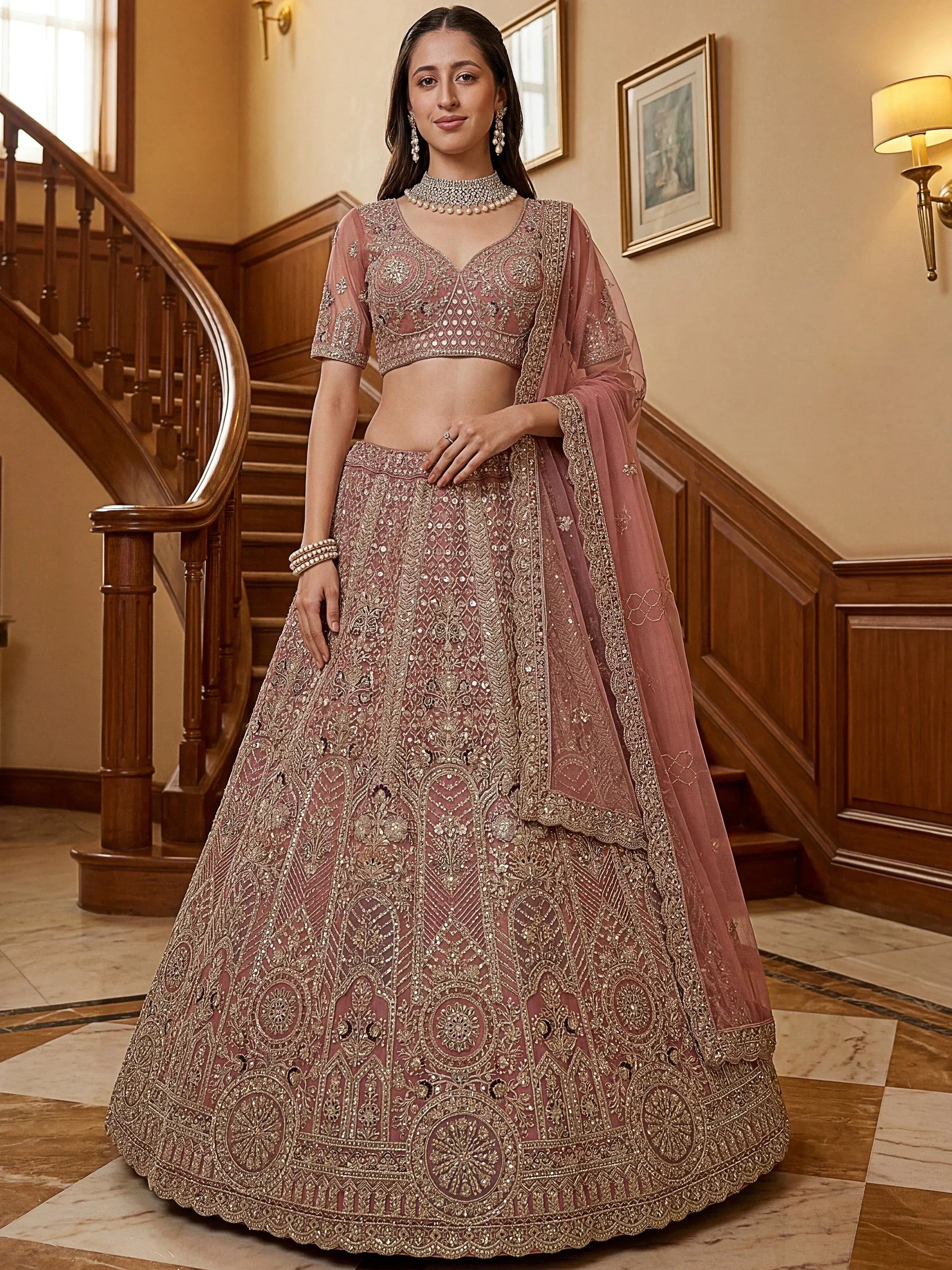 Gorgeous Dusty Pink Zircon Work Net Engagement Wear Lehenga With Blouse