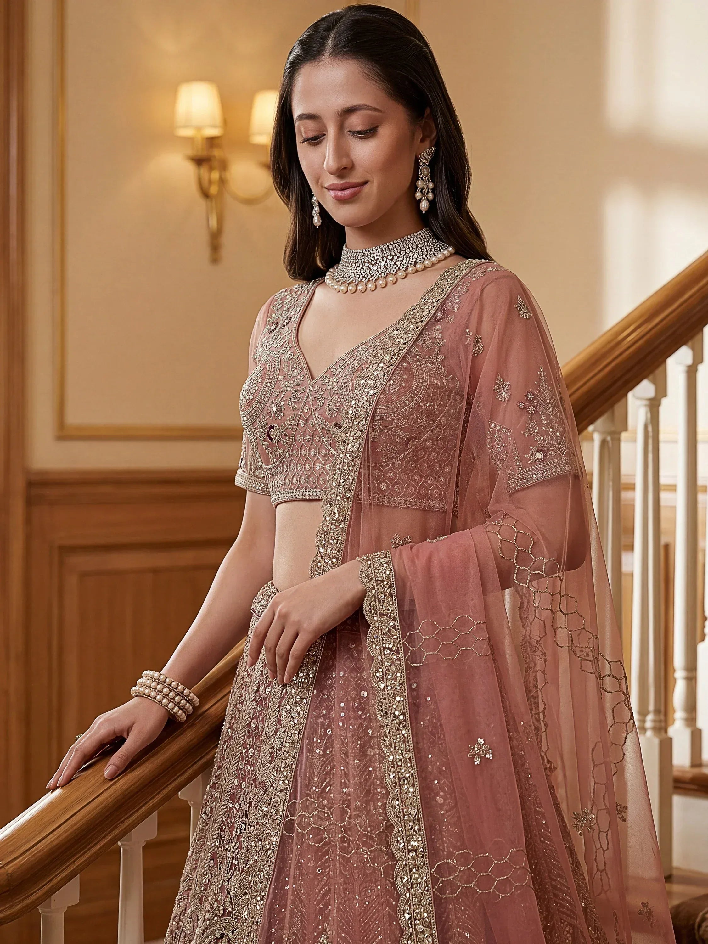 Gorgeous Dusty Pink Zircon Work Net Engagement Wear Lehenga With Blouse