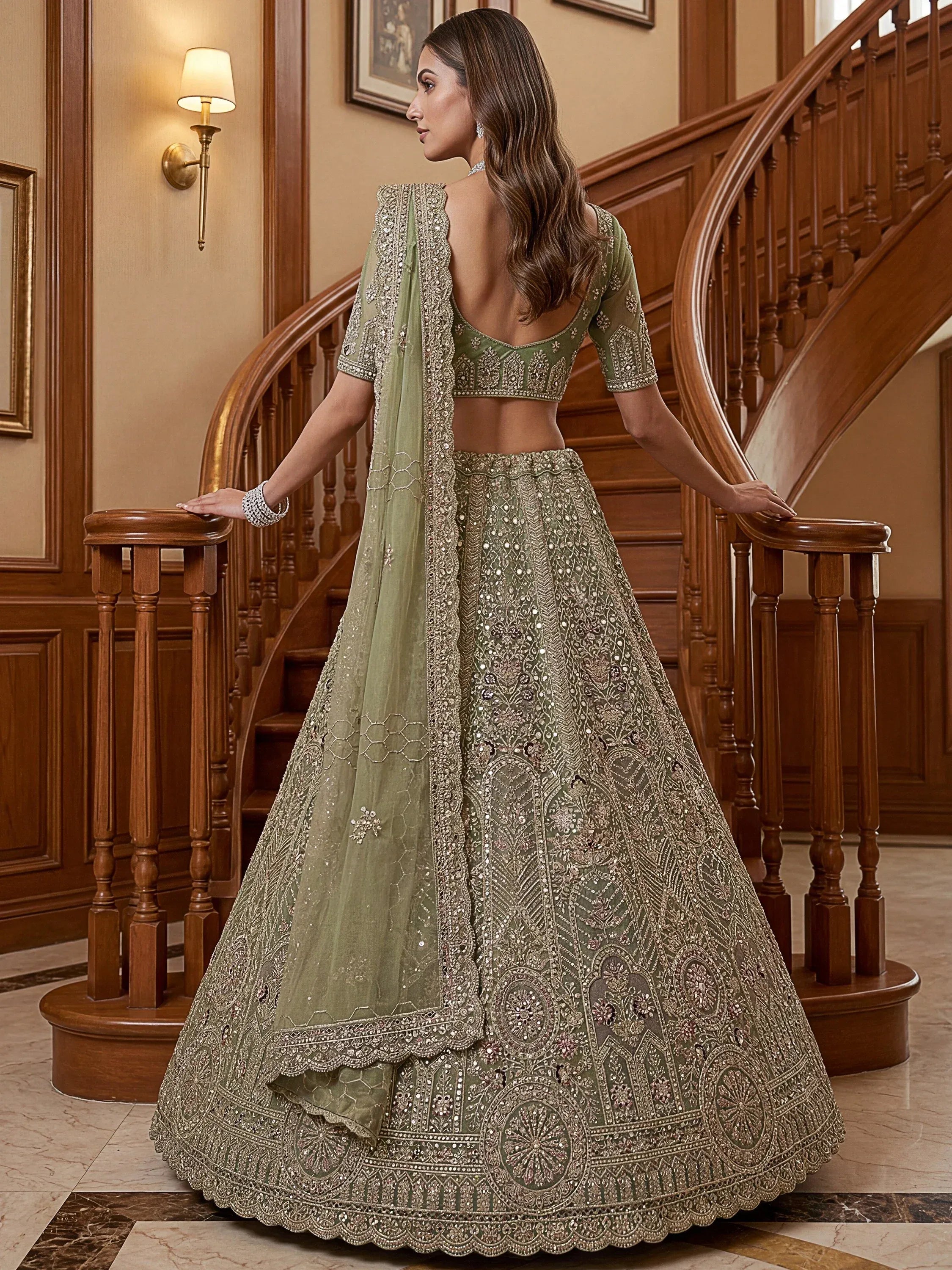 Ravishing Green Heavy Embroidered Net Evening Wear Lehenga Choli