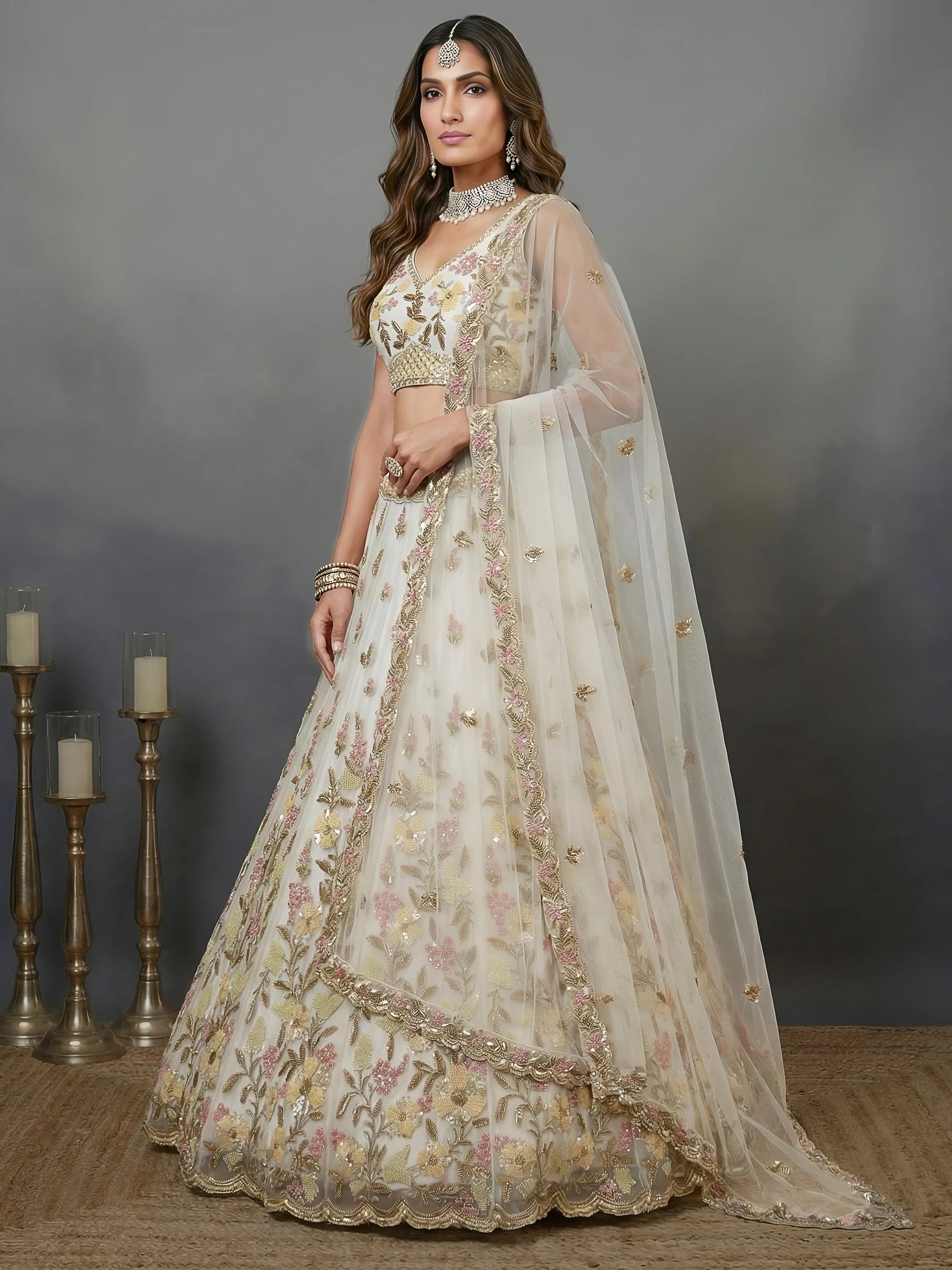 Delightful White Floral Embroidered Net Bridesmaid Lehenga Choli