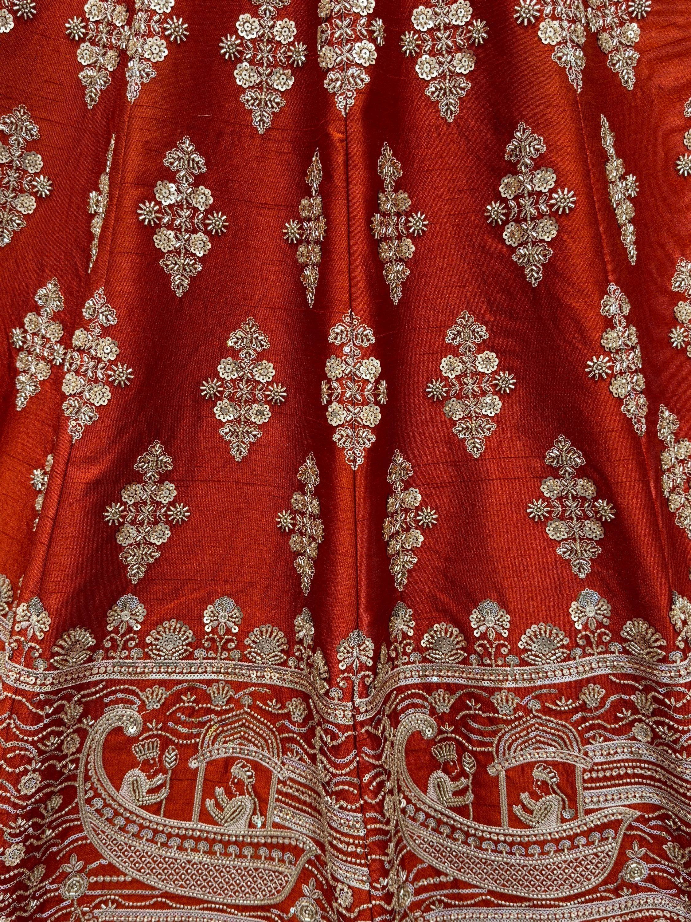 Awesome Rust Orange Hand Work Silk Bridal Lehenga Choli With Double Dupatta